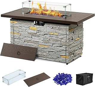 PIZZELLO 43 Inch Propane Fire Pit Table Outdoor Stone Firepit Table Rectangular 50000 BTU Propane Fire Tables for Outside Patio with Wind Guard, Table Lid, Fire Beads, Cover,Pizzello Caldo (Gray)