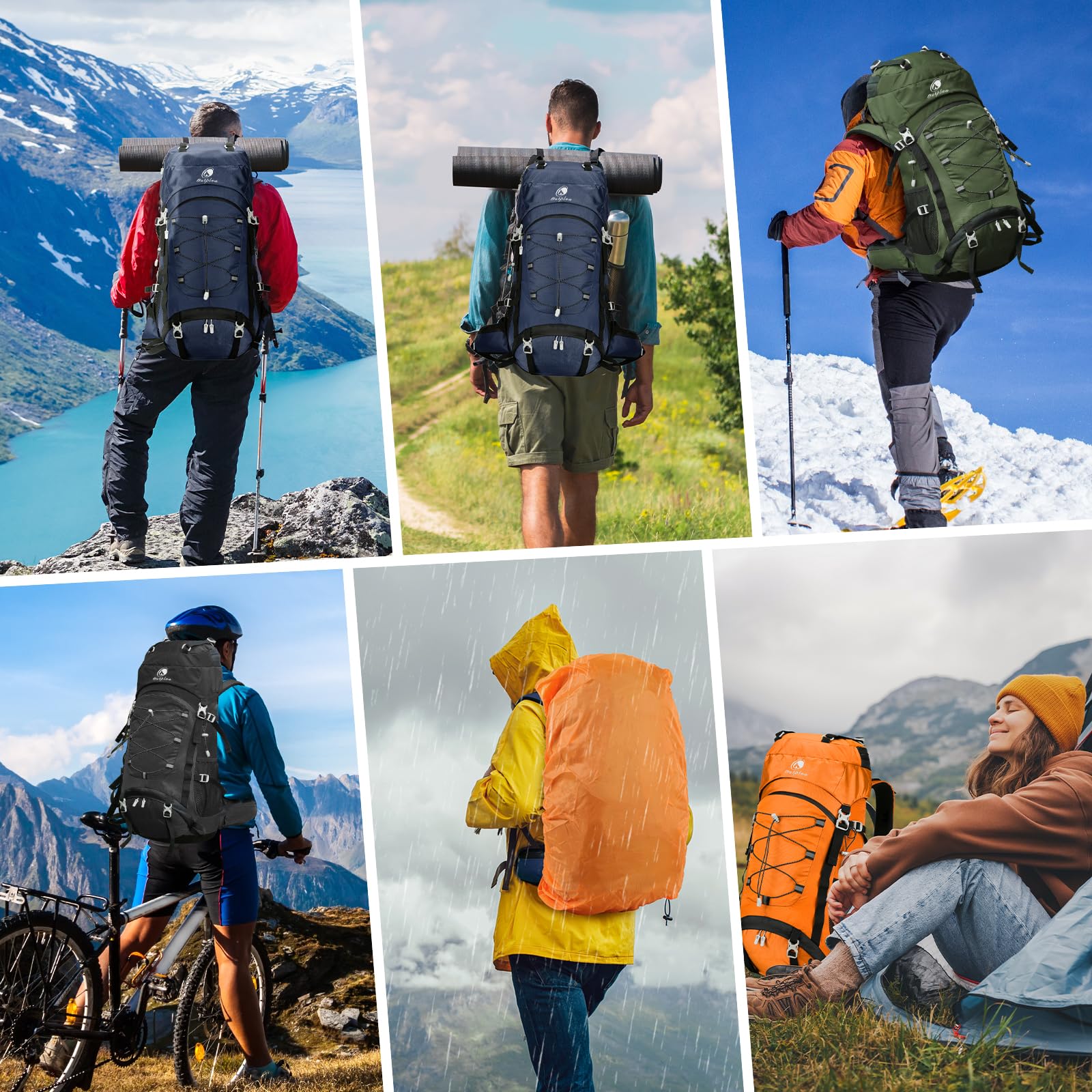 Sac à dos de randonnée imperméable 60 L pour homme et femme avec housse de pluie, dos en maille
