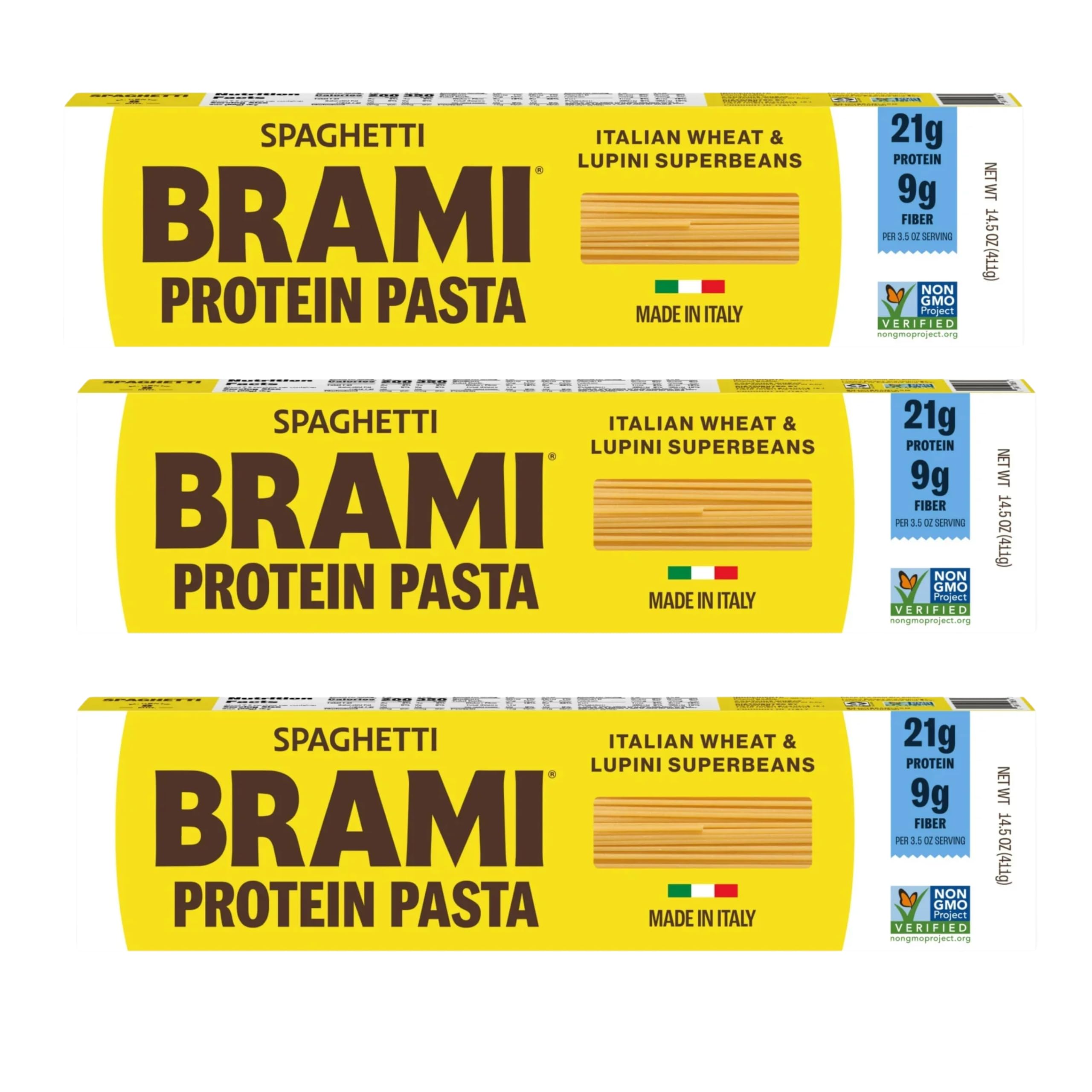BRAMIItalian Protein Pasta, Spaghetti | Low Carb | High Fiber | High Protein | Non-GMO | Keto | Made in Italy | Dry Pasta | Semolina | Fortified with Heart Healthy Lupini Beans | 14.5oz (Pack of 3)