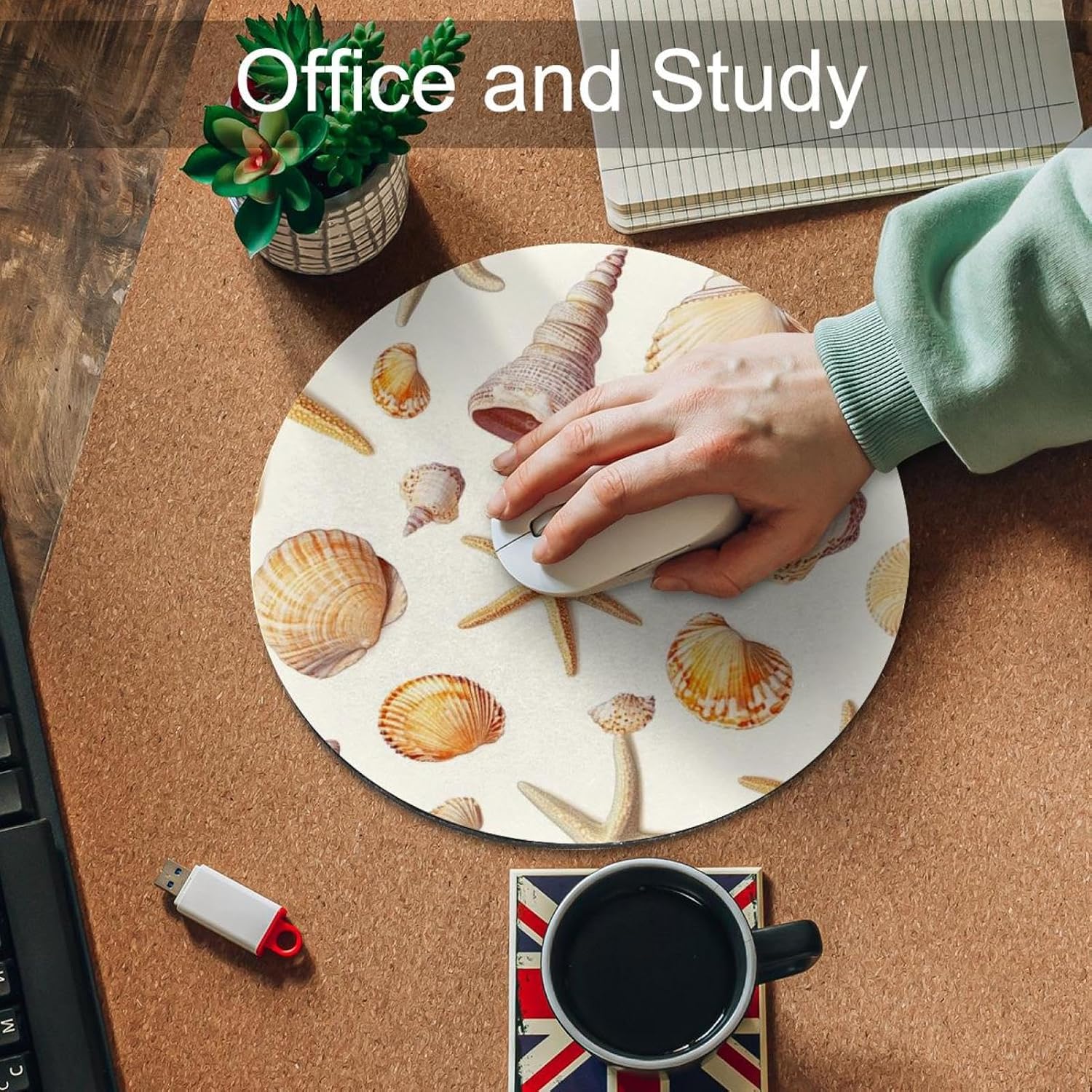 Round Mouse Pad for Women Men, 10’’ Round Desk Pad Mousepad Non-Slip Rubber Base, Office Home Laptop Accessories, Ocean Beach Shells Starfish image 5