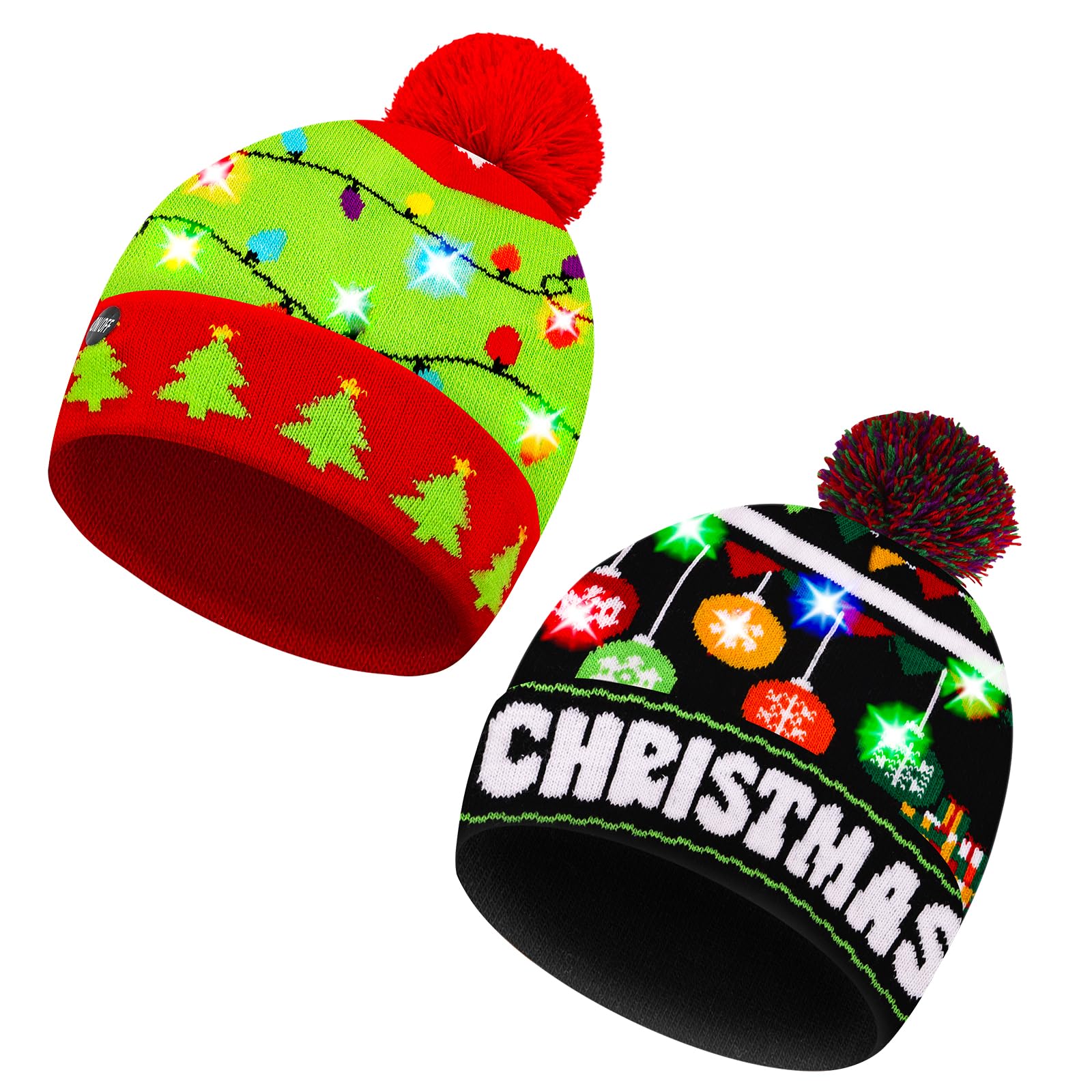 2 Pack Christmas LED Light-up Knitted Beanie Hat Colorful Flashing Holiday Xmas Christmas Party Supplies(One Size Fits More)