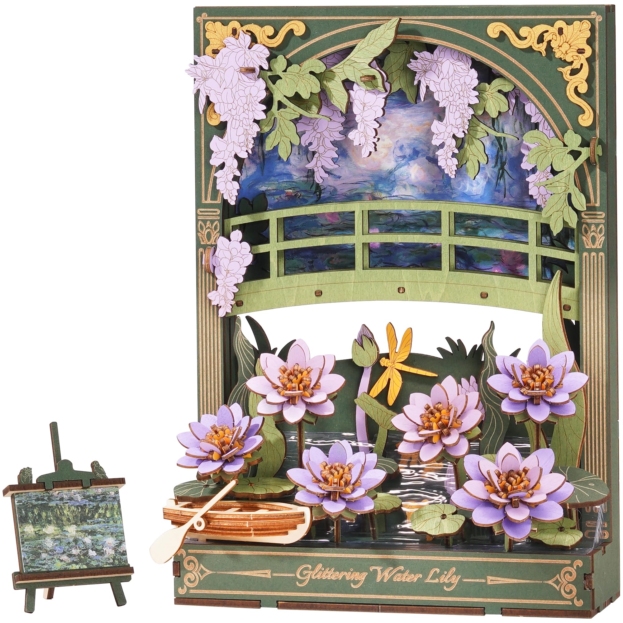 ROBOTIME 3D Puzzle Water Lily, Wooden Flower Model Kits for Adults to Build, Hangable Art 3D Painting Wall Decor with LED Light, DIY Construction Craft Model Building Set, Ideal Festival Gifts