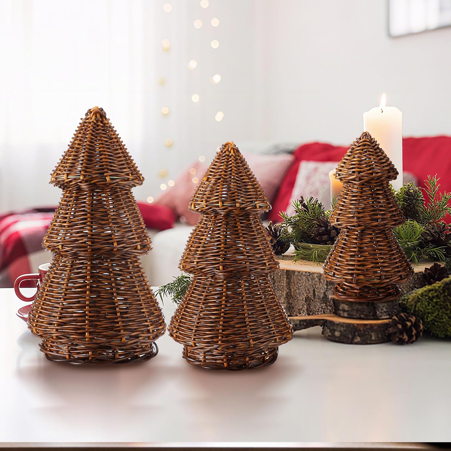 3 Pcs Morden Christmas Decor Gift Rattan Wicker Christmas Cone Tree Neutral Xmas Tabletop Centerpiece for Mantel Fireplace Home Tiered Tray Holiday Party Decor, 3 Sizes(Brown)