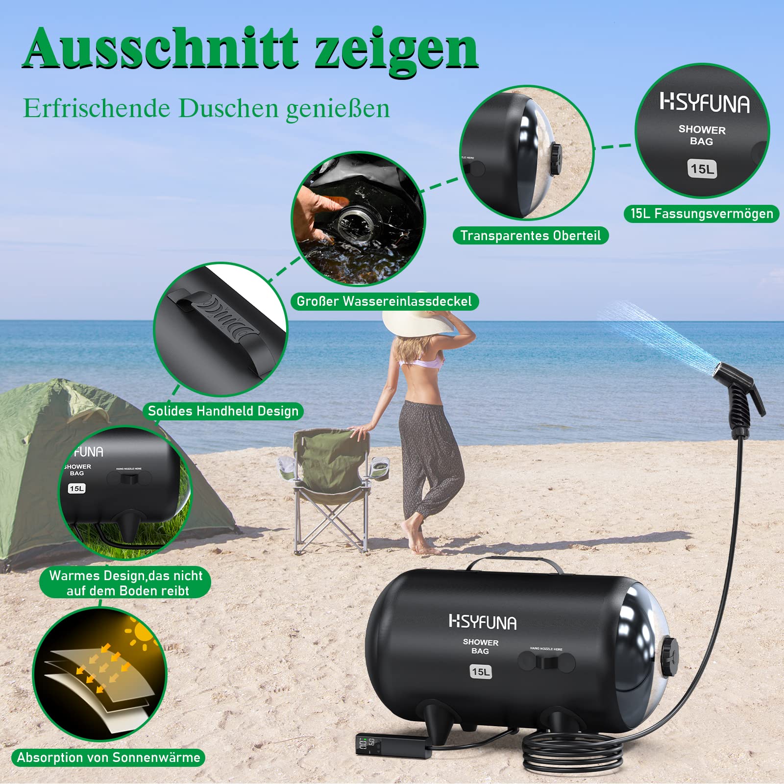 Douche Solaire HSYFUNA 20L – 45°C En 3h, Indicateur De Température, 2 Modes Débit, Poche Filet, Pour Camping Et Rando