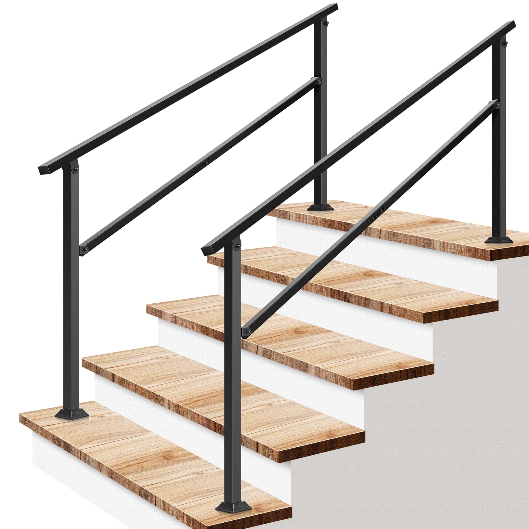VIVOSUN 2-Pack Outdoor Handrail, 5 Step Stair Handrail, 69" x 36" Fits 1 to 5 Steps, Wrought Mattle Iron Handrail for Concrete Steps, Porch Steps, One-Step Assembly, 2 Packs, Black