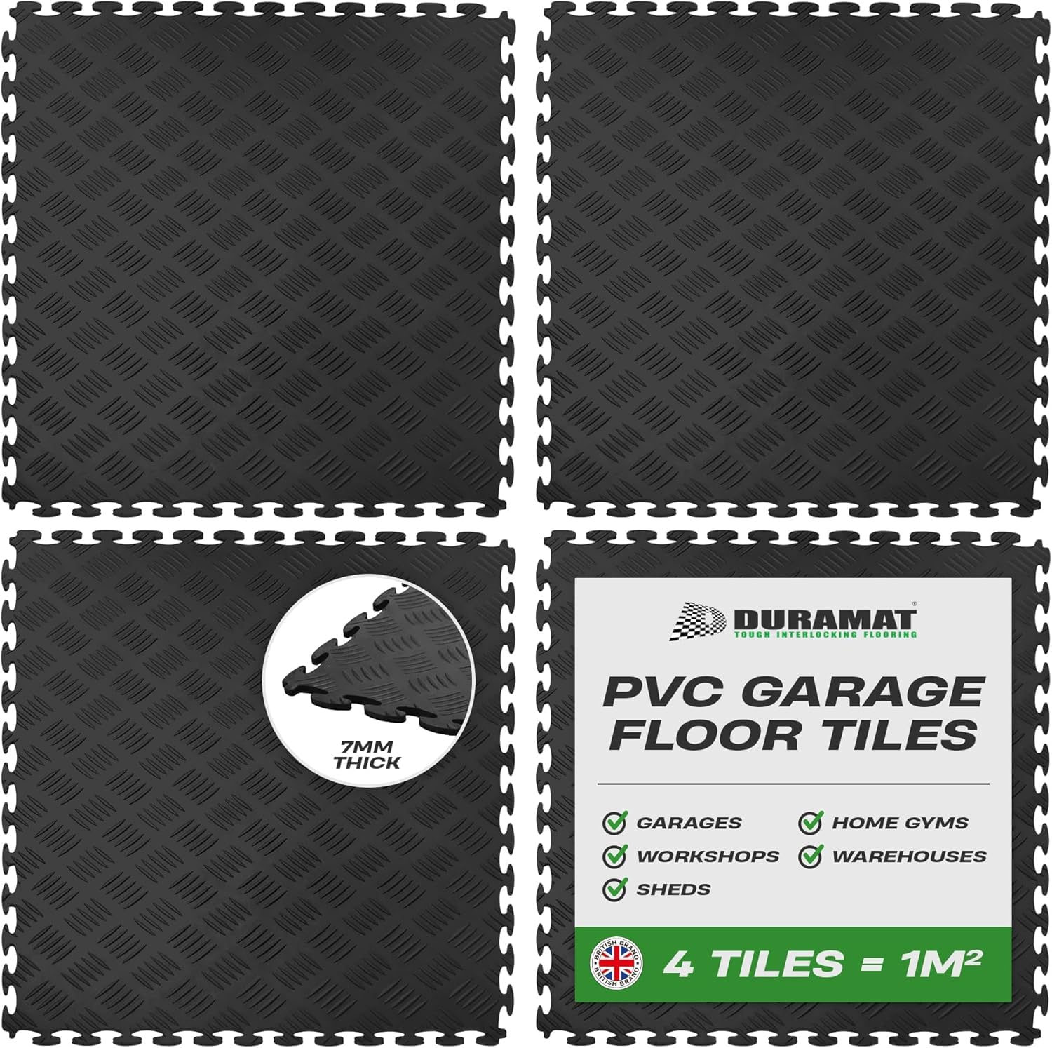 DuraTread Black Heavy Duty Interlocking Garage Flooring Tiles | 500mm x 500mm x 7mm | PVC Garage Floor Tiles for Garage, Workshop, Home Garage & Showroom Flooring | Pack of 4 Tiles