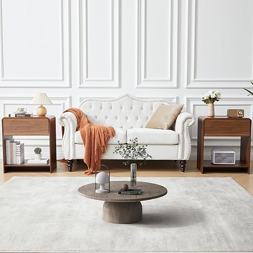 Miniatura 6 de Juego de 2 mesas auxiliares estriadas con estación de carga, mesa auxiliar moderna de mediados de siglo con almacenamiento de cajones, mesitas de 2