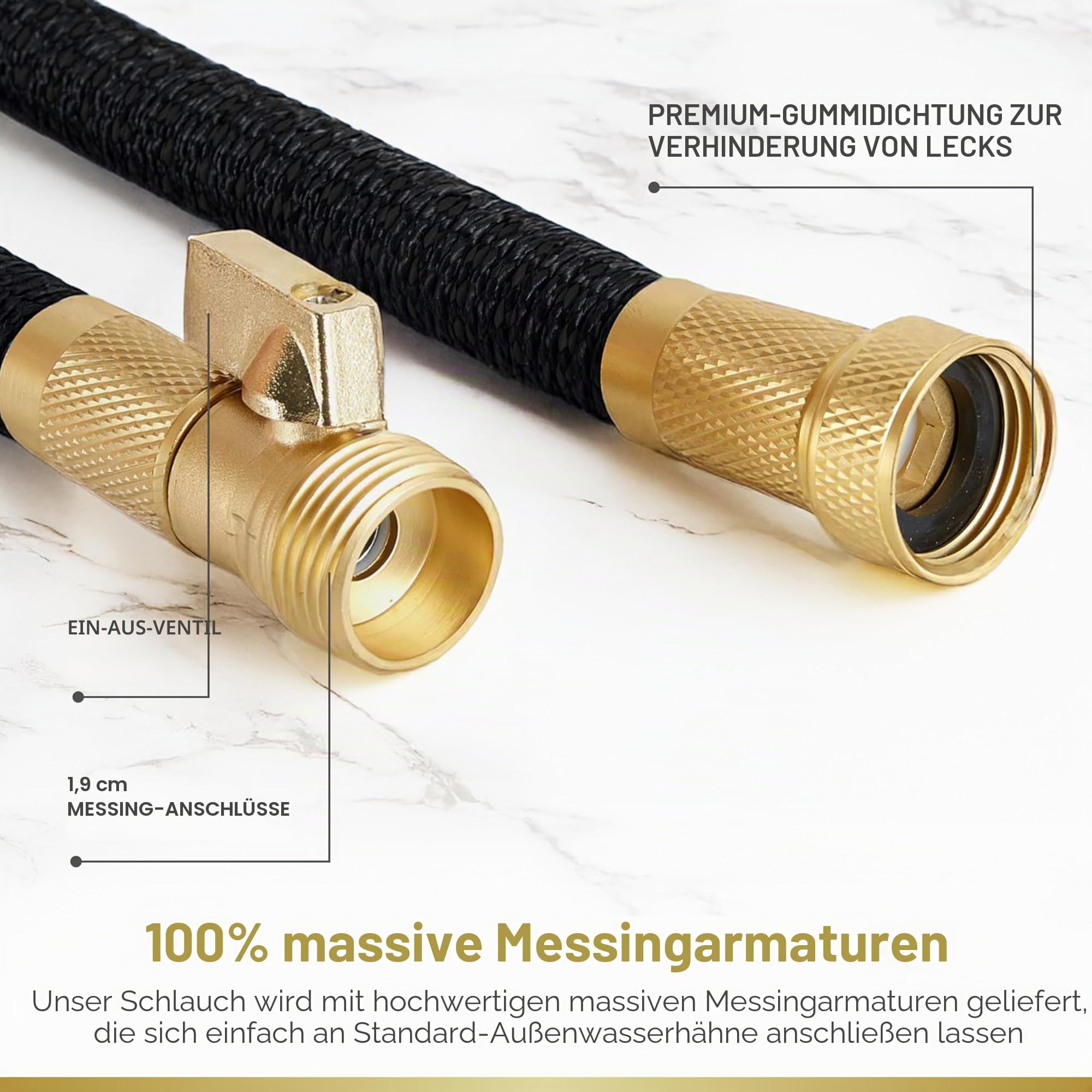 Flexi-Hose mit 8-Funktions-Düse, erweiterbarer Gartenschlauch, leichter und knickfreier flexibler Gartenschlauch, 3/4-Zoll-Armaturen aus massivem Messing und doppelter Latexkern, 50 Fuß, Schwarz