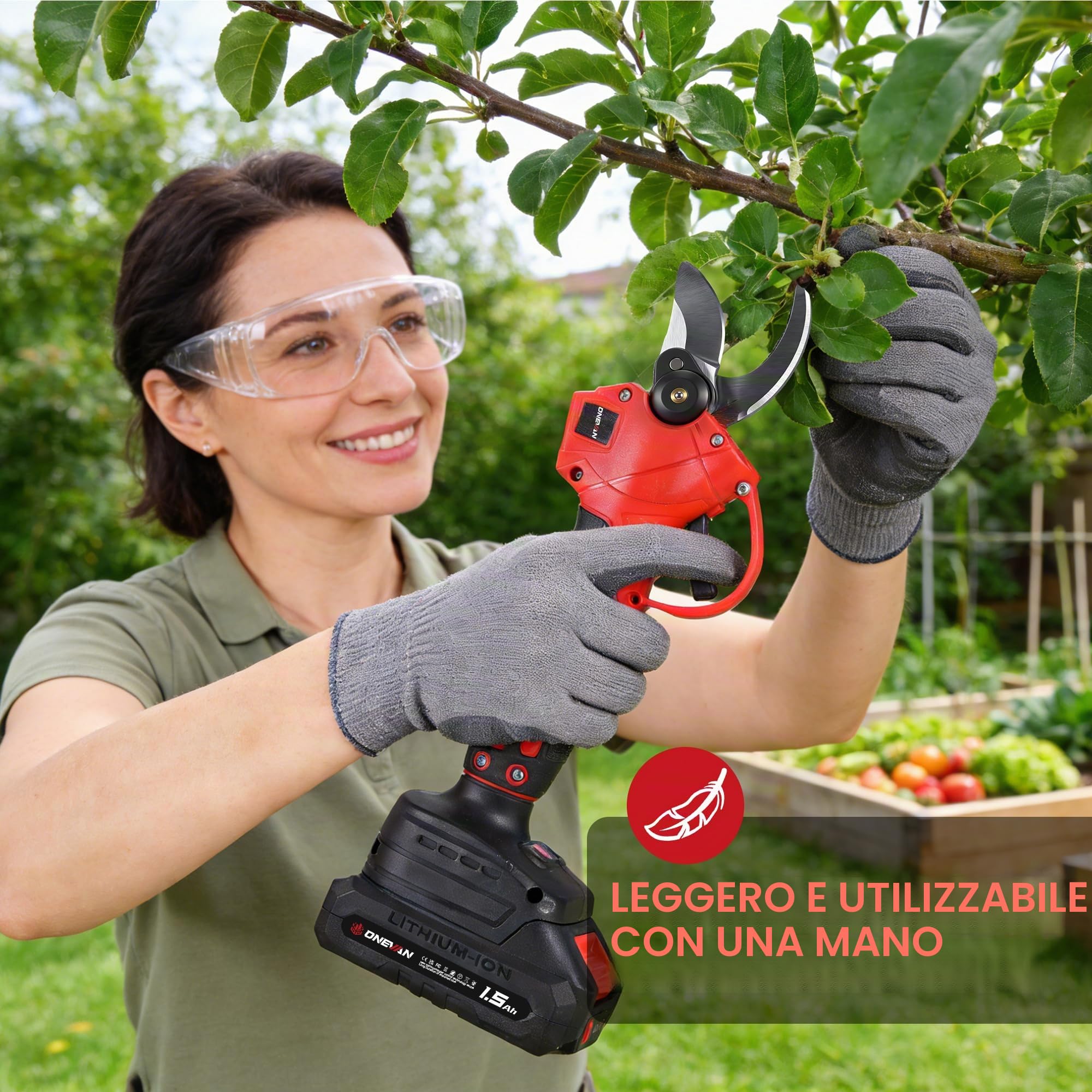 ONEVAN Cesoie a batteria, Cesoie elettriche per alberi diametro di taglio 25mm, Brushless, Senza fili e Leggere, incl. 2x1,5Ah batterie, Lame SK5, cesoie da giardino senza fili per giardino, albero