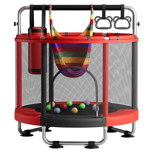55" Trampoline for Kids with Enclosure, 440lbs Capacity Indoor & Outdoor Toddler Trampoline with Adjustable Gymnastics Bar & Toys, for Boys & Girls