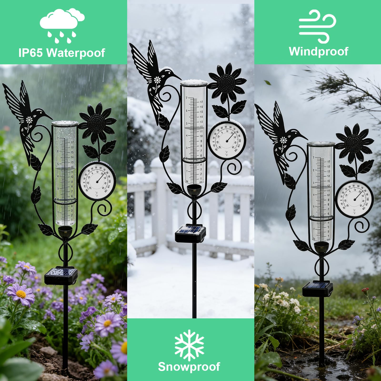 YJFWAL Kolibri-Regenmesser für den Außenbereich, dekorativer Metall-Sonnenblumen-Solar-Regenmesser mit LED-Licht und Thermometer, Gartendekoration für Hof, Rasen, Weg, Bauernhof