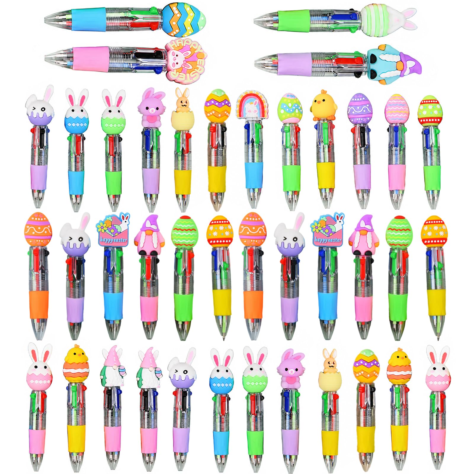 40 Stk. Oster Kugelschreiber, 4 Farben, 0,5 mm Druckkugelschreiber, Kawaii Cartoon Motive, Mini Format, mit vier Minenfarben, für Schreiben, Zeichnen, Büro und Partygeschenke