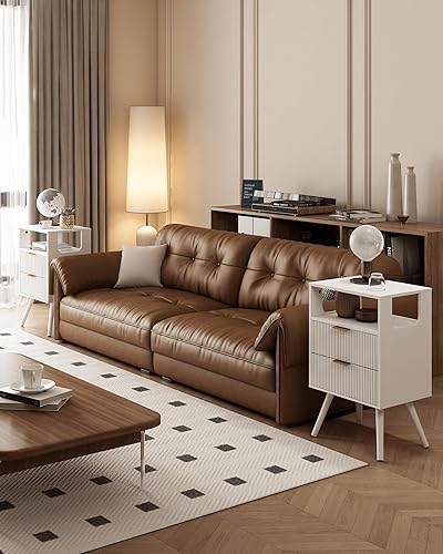 Miniatura 3 de Mesita de noche blanca, moderna mesita de noche con 2 cajones de almacenamiento y estante de madera abierta, para dormitorio y espacios pequeños,