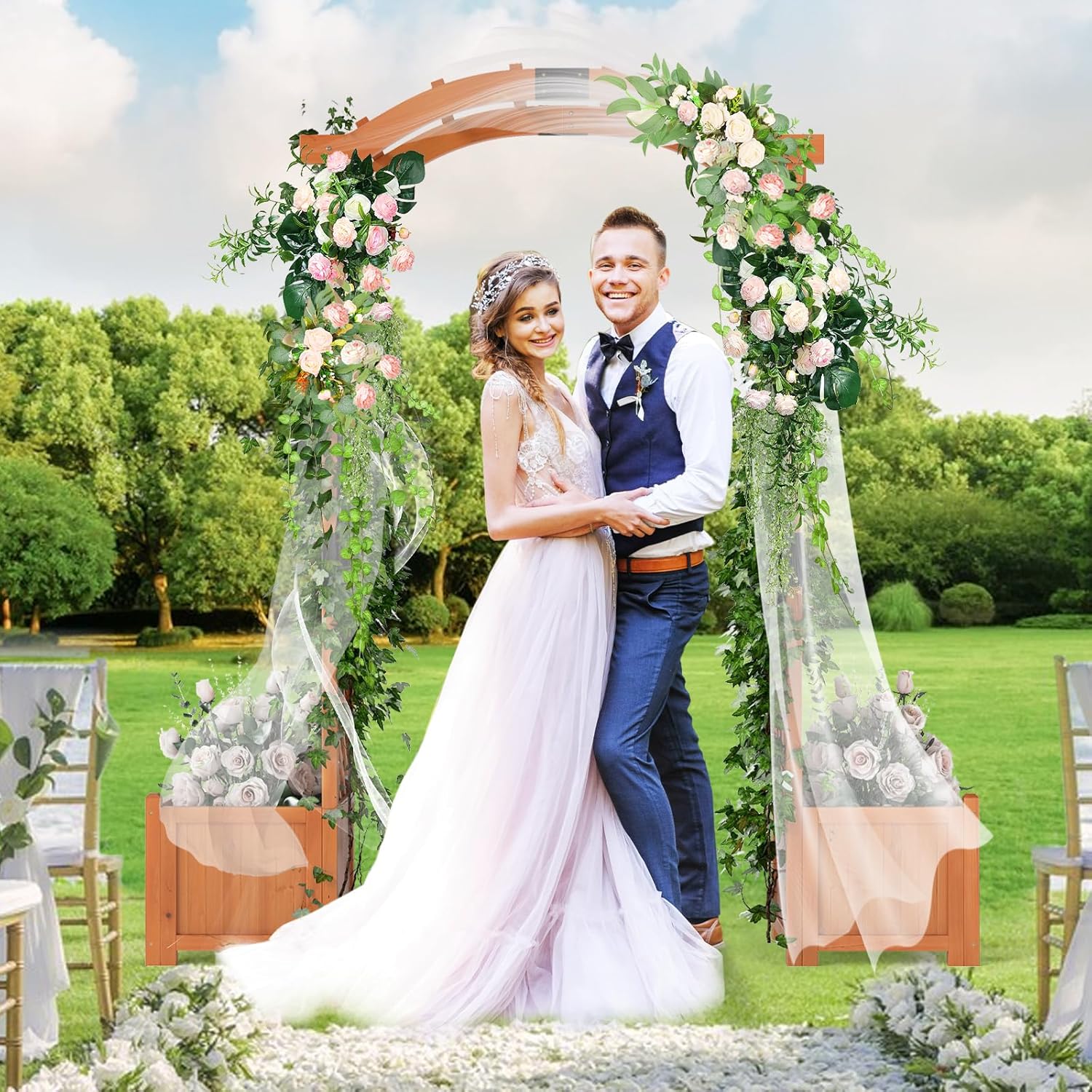 Happygrill Garden Arbor with Planter Boxes, Outdoor Wedding Arch with Trellis for Climbing Plants Vine Vegetables Herbs, Wooden Arbor Archway for Ceremony, Party (Orange)