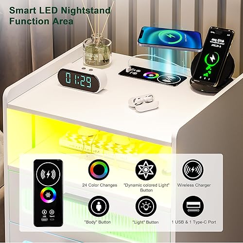 Miniatura 5 de HNEBC Mesita de noche LED con estación de carga inalámbrica y 3 cajones, mesita de noche pequeña, mesita de noche moderna con luces dinámicas de