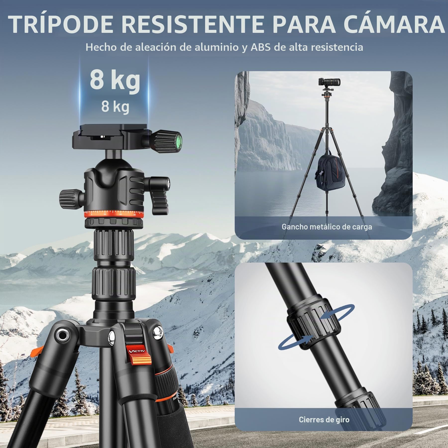Victiv 194cm Tripode Camara, Tripode para Movil Alto de Viaje Compacto de Premium Aluminio, Trípode Cámara Reflex para Canon Nikon Sony Admite Fotografía Panorámica de 360°
