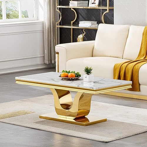 Miniatura 24 de SSLine Mesa de Centro Rectangular de Mármol Sintético para Sala de Estar, Mesa Central Moderna de Mármol Blanco de Lujo con Base de Diamante Mesa de