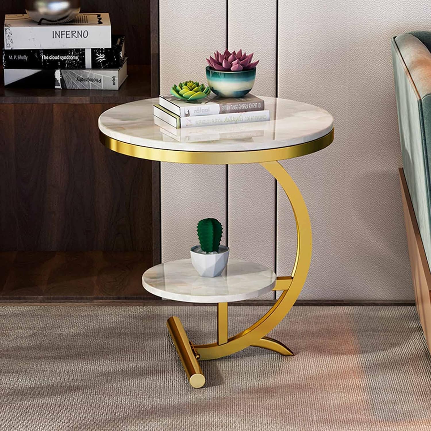 WuHouze Metal and Wood Two-Tiered C-Shaped Circular Coffee Table, nightstand, Telephone end Sofa, Side Corner Table, and Storage for Small Spaces in Living Rooms and bedrooms (Gold White)-picture-26