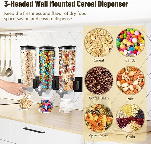 Miniatura 3 de Dispensador de pared de 3 cabezales, dispensador grande de alimentos secos de 4.5L, dispensador de cereales y dispensador transparente, recipiente