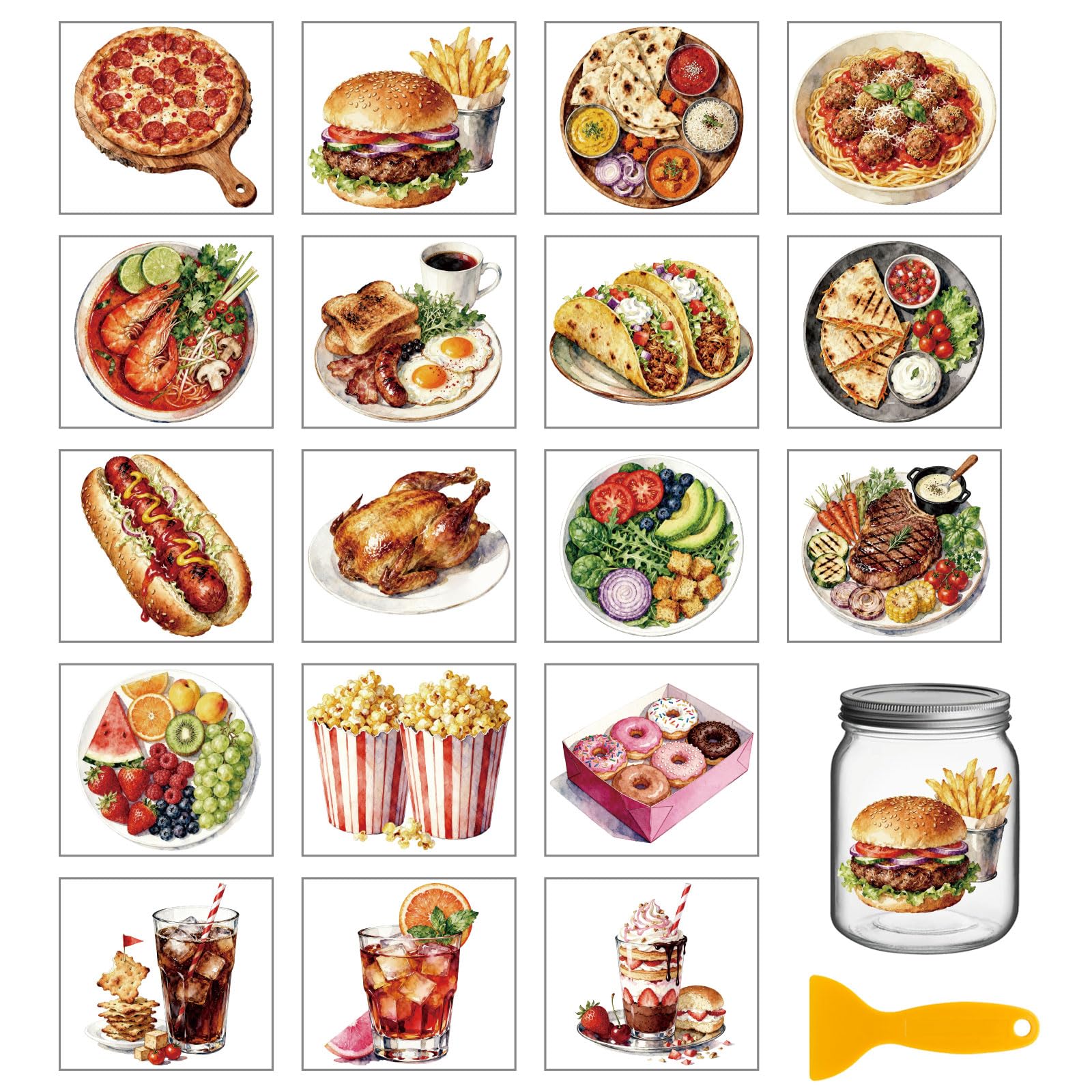 GLOBLELAND 18 Sheets Fast Food Transfer Stickers 3.9x3.6inch Colorful Hamburger French Fries Transfer Decal Rub on Transfer for Cup Decal Vase Glass Art Crafts Decorations