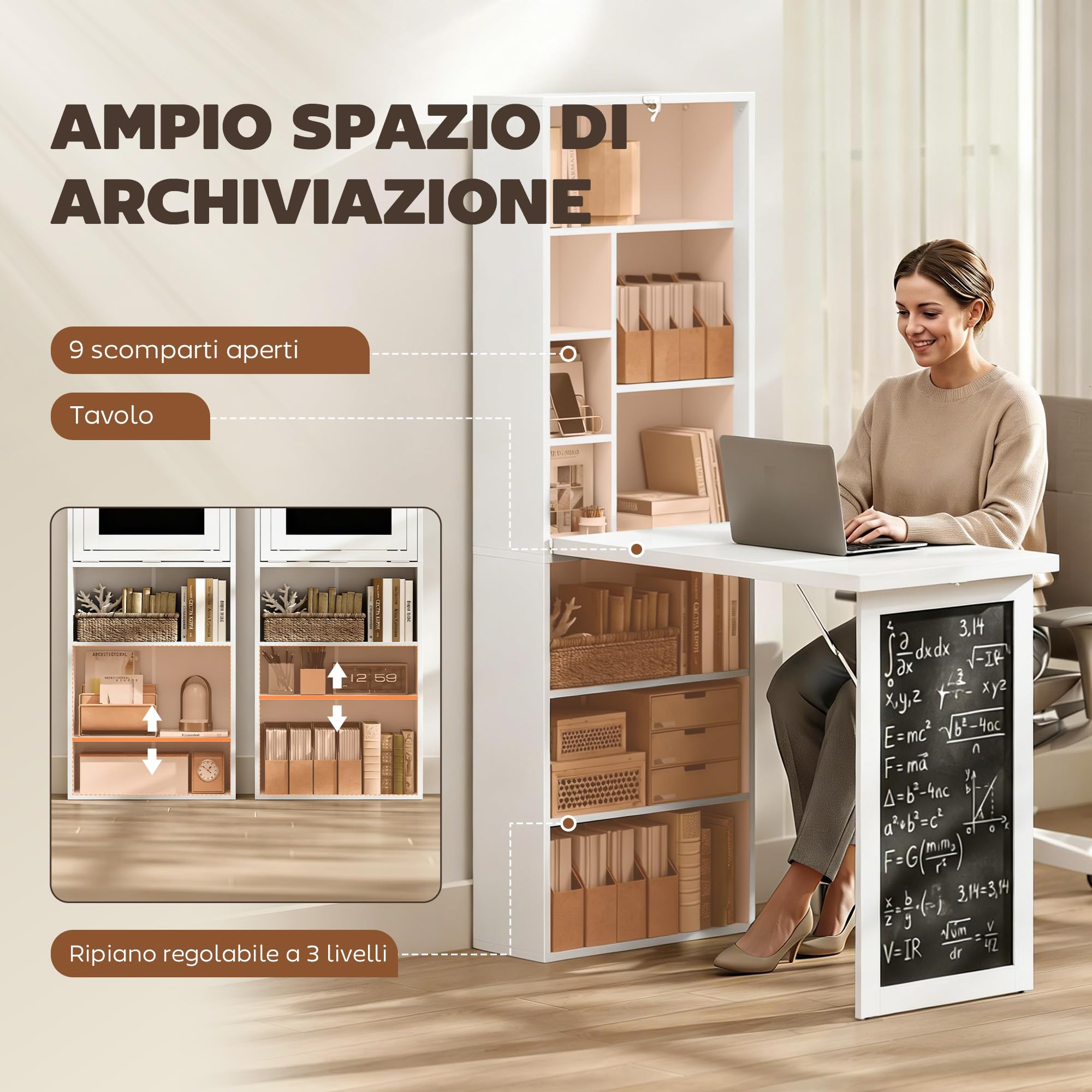 HOMCOM Scrivania con Libreria e Lavagna, Scrivania Salvaspazio con Piano Pieghevole in Legno di Pino, Tavolo da Lavoro con Ripiani Regolabili, per Cameretta, Studio, Ufficio, 98x51x153 cm, Bianco
