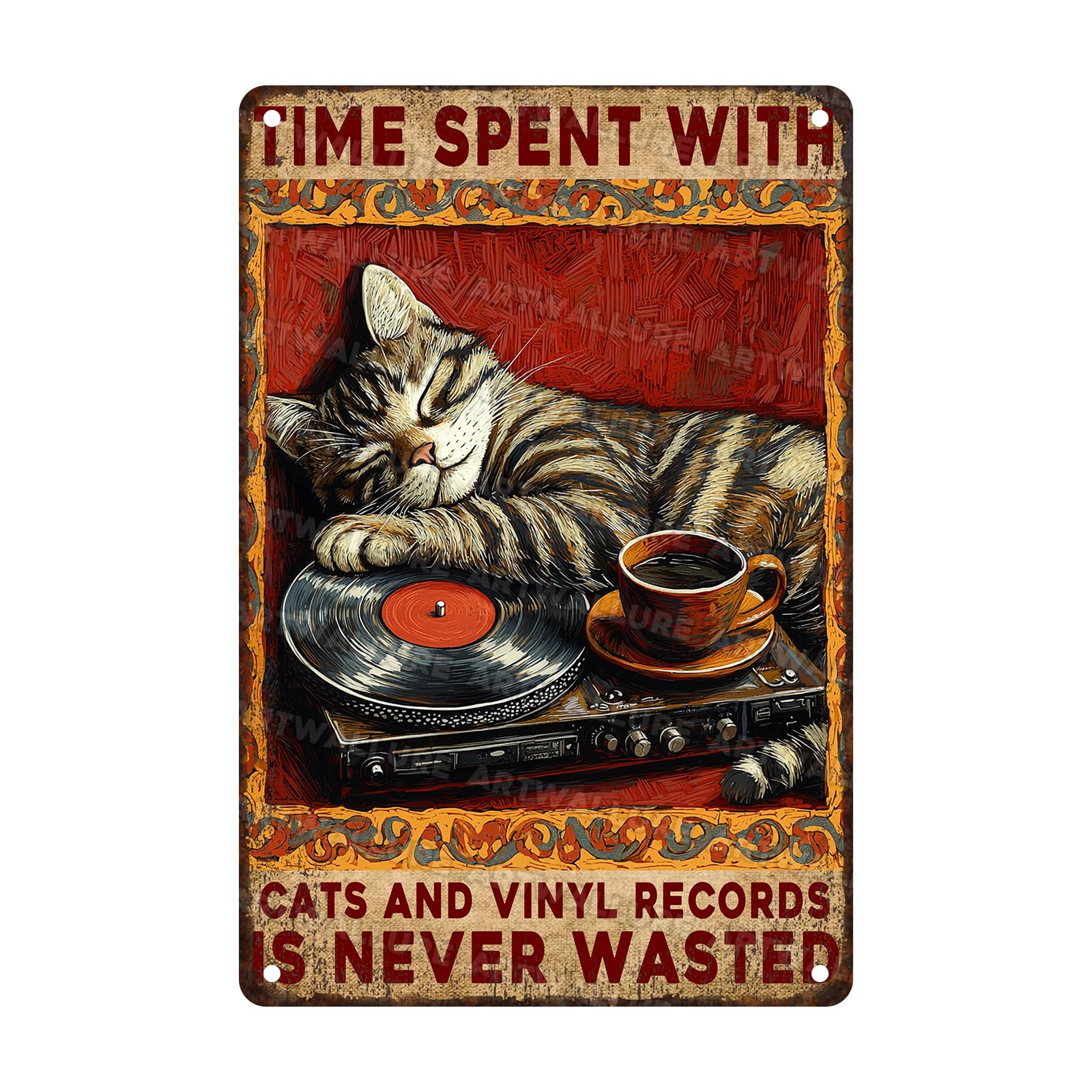 Anceky Tin Sign Time Spent With Cats And Vinyl Records Is Never Wasted Signs Retro Wall Decor for Living Room Outdoor Yard Garage Home 12×8 Inch