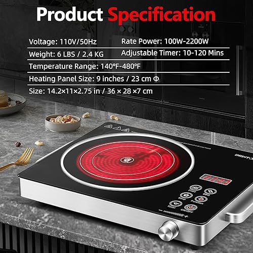 Miniatura 7 de Placa de cocción eléctrica, 2200 W, 110 V, quemador eléctrico individual con temporizador de 2 horas, temperatura ajustable para cocina de encimera,