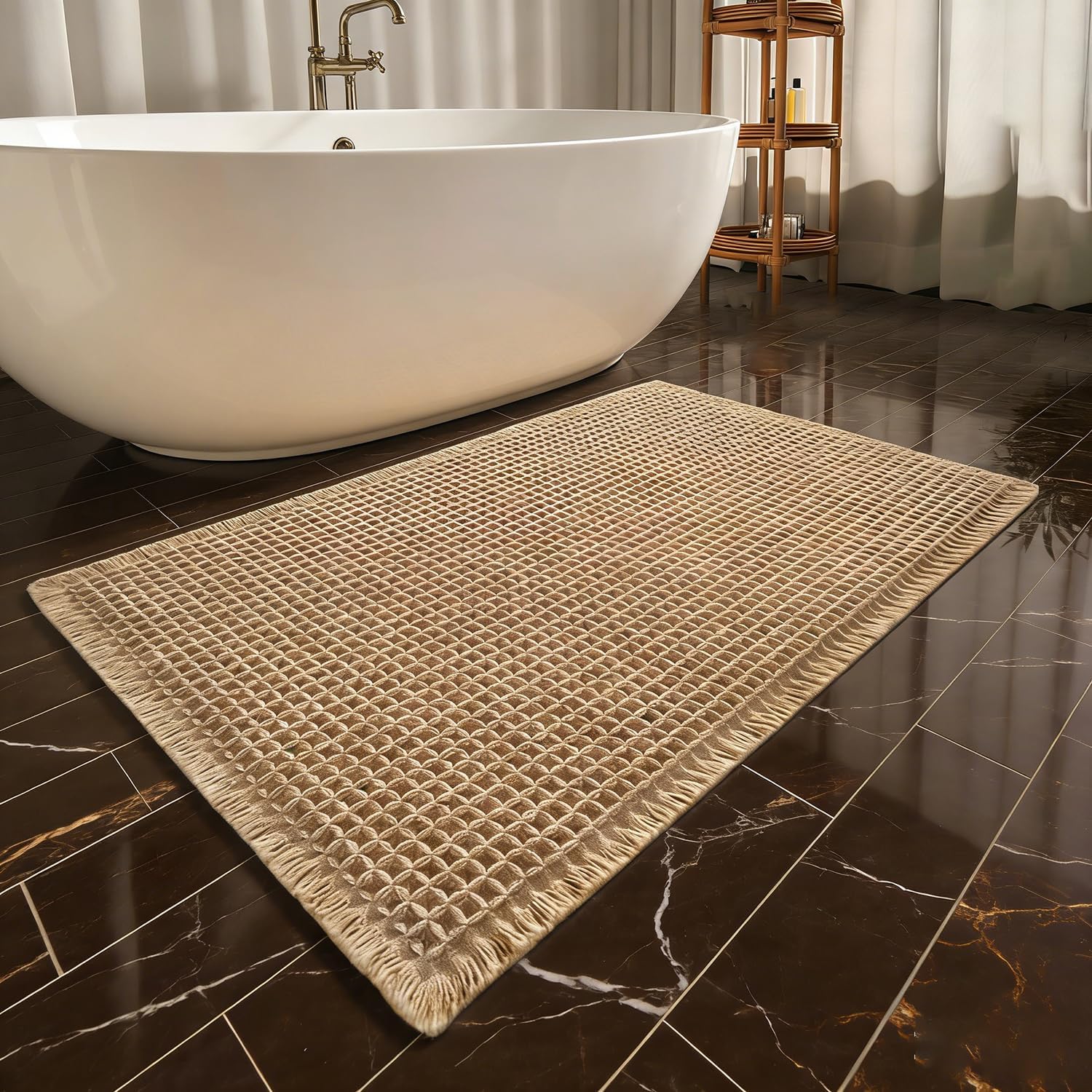 2Pcs Waffle Bath Mat Non Slip Beige-Brown Bathmat Anti Slip Bathroom Mat Quick Dry Bath Mat Set Anti Mould Absorbent Machine Washable Bathroom Floor Mats Shower Mat Accessories (1xBrown-50x80cm)