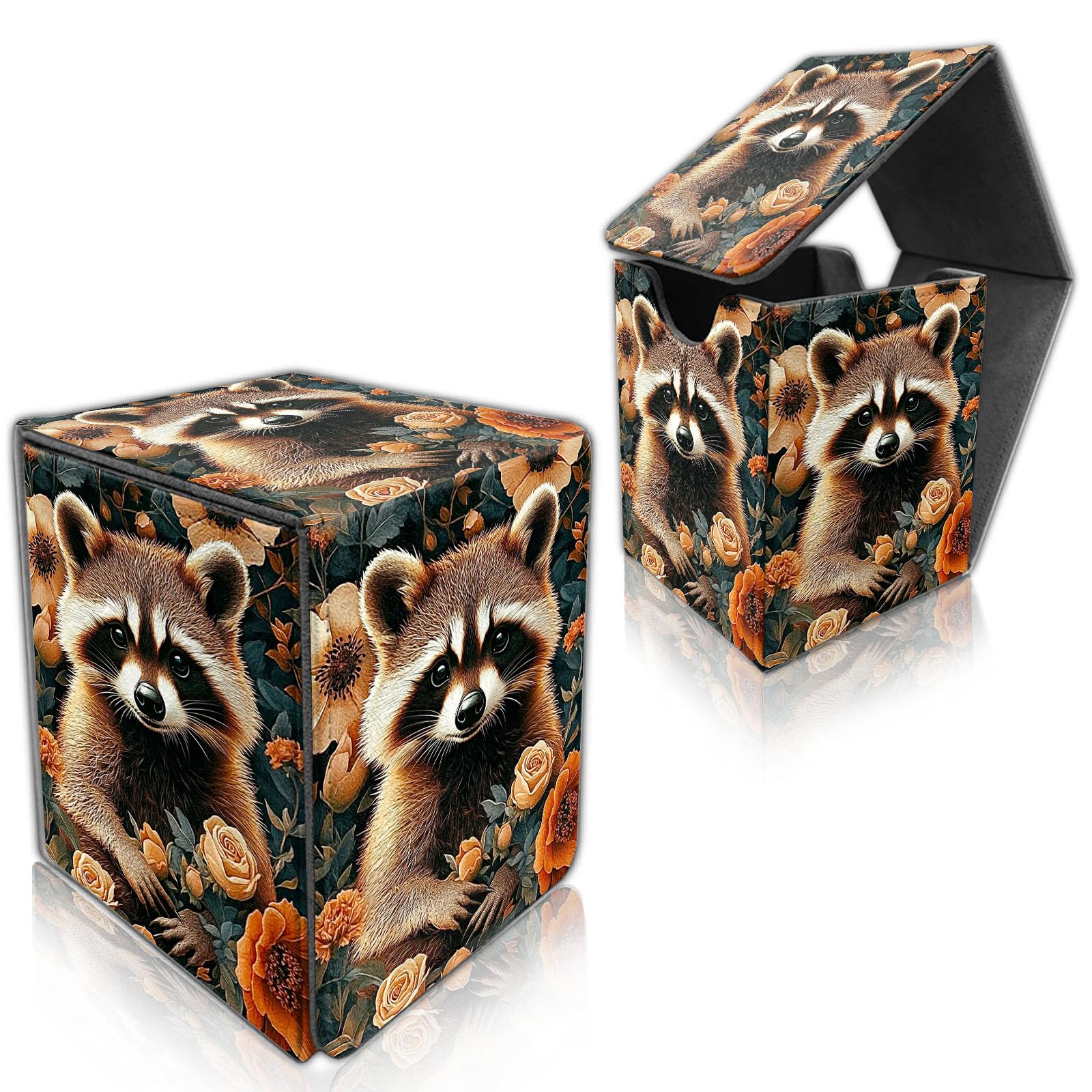 DISUOFEART for MTG Deck Box, Trading Card Storage Case Holds 100+ Sleeved Cards, Cute Raccoon Flowers Magnetic Closure Durable Deck Holder for Magic The Gathering, TCG & Commander