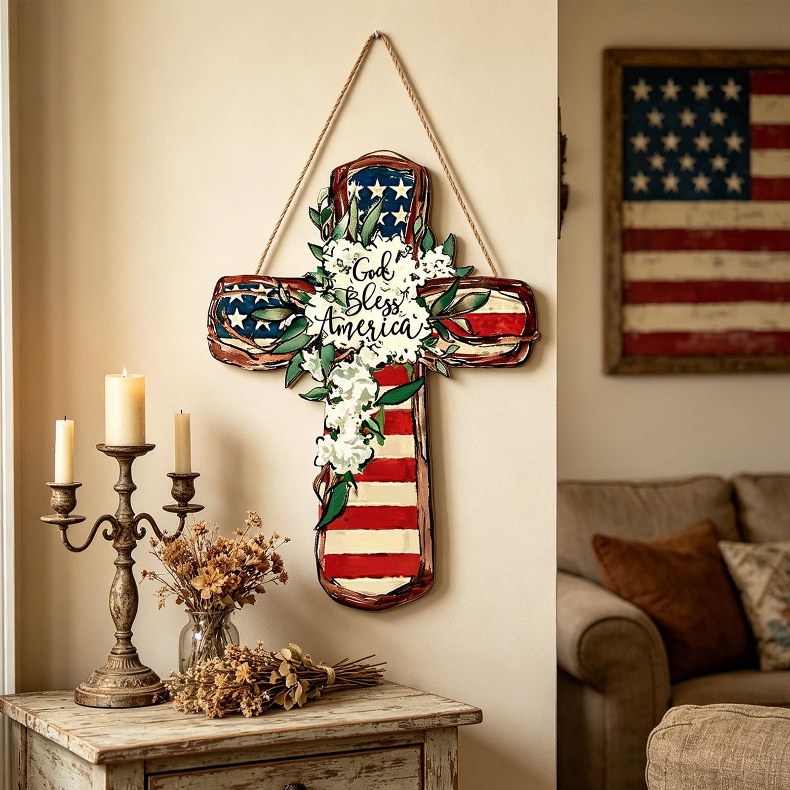 4Th of July Patriotics Door Decorations, Independence Day Welcome Sign Decors Door Hangers Wreath for Memorial Day Decors Wood Patriotics Wreath