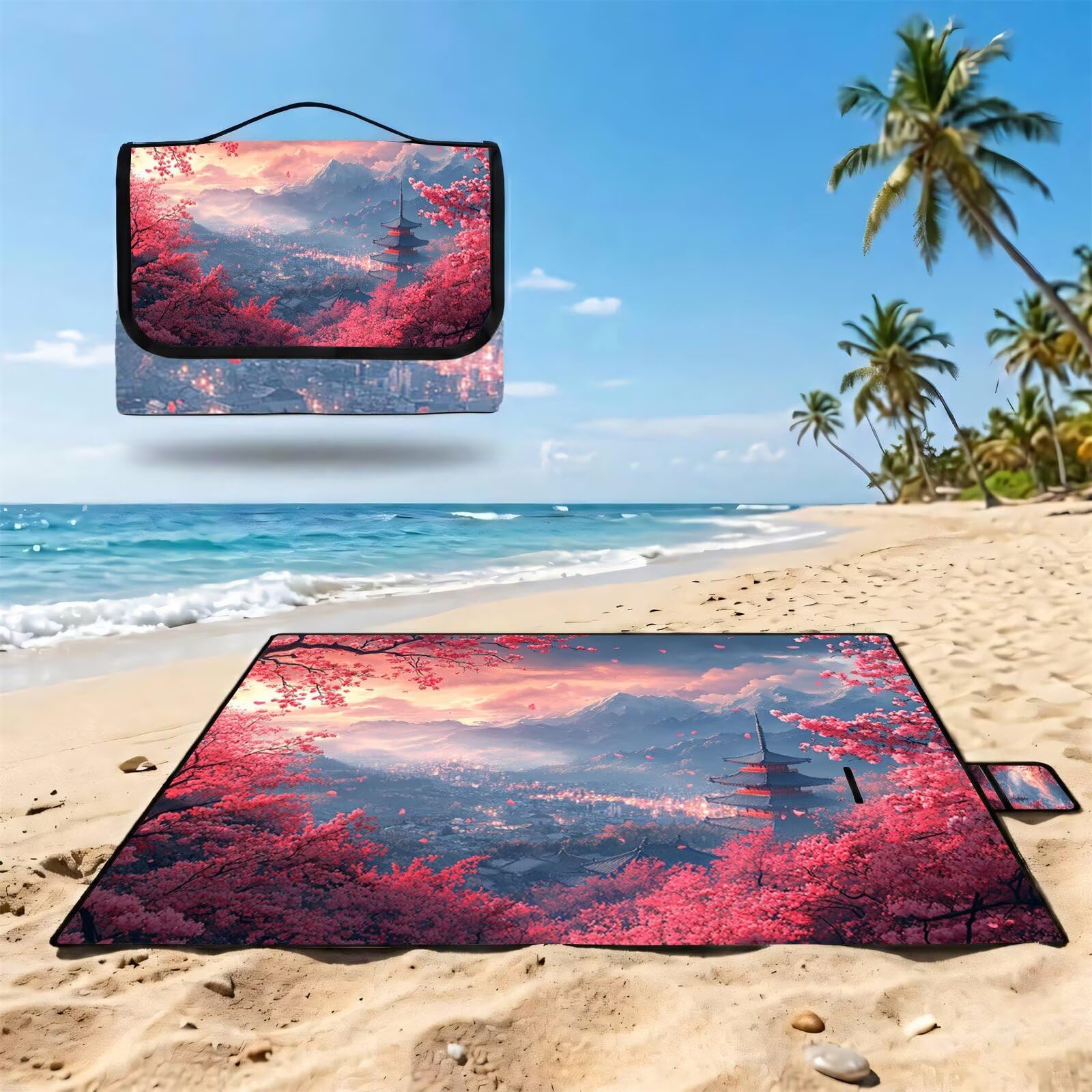 Coperta de Picnic Grande 200x200 cm, Giappone Manta Picnic Impermeable Anti-Sabbia Manta de Playa Pieghevole, Outdoor Picnic Blanket per Spiaggia, Camping, Giardino, Trekking - rosa FZ-26