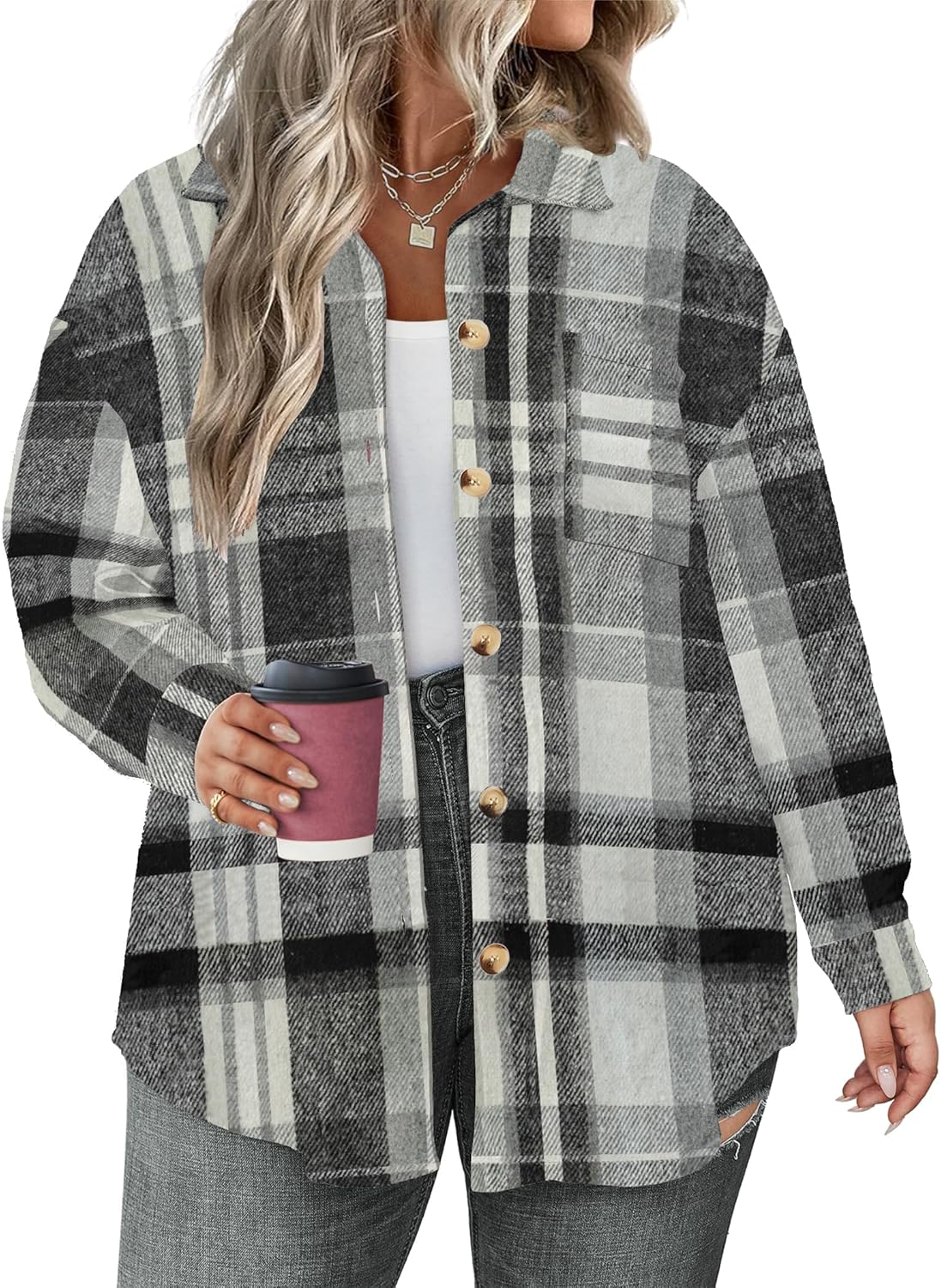 Plus Size Plaid Shacket Jacket for Women Long Sleeve Button Down Blouses Flannel Shirts Casual Coats Black 4X-Large