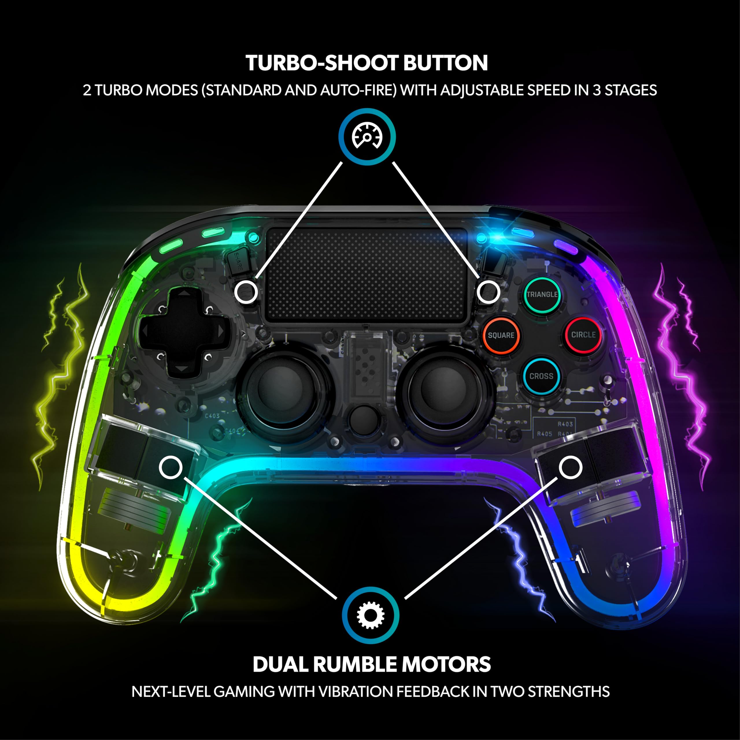 Snakebyte GAMEPAD RGB 4 - transparenter Wireless Controller für PlayStation 4, einstellbare RGB-Beleuchtung, starker Akku, belegbare Zusatztasten