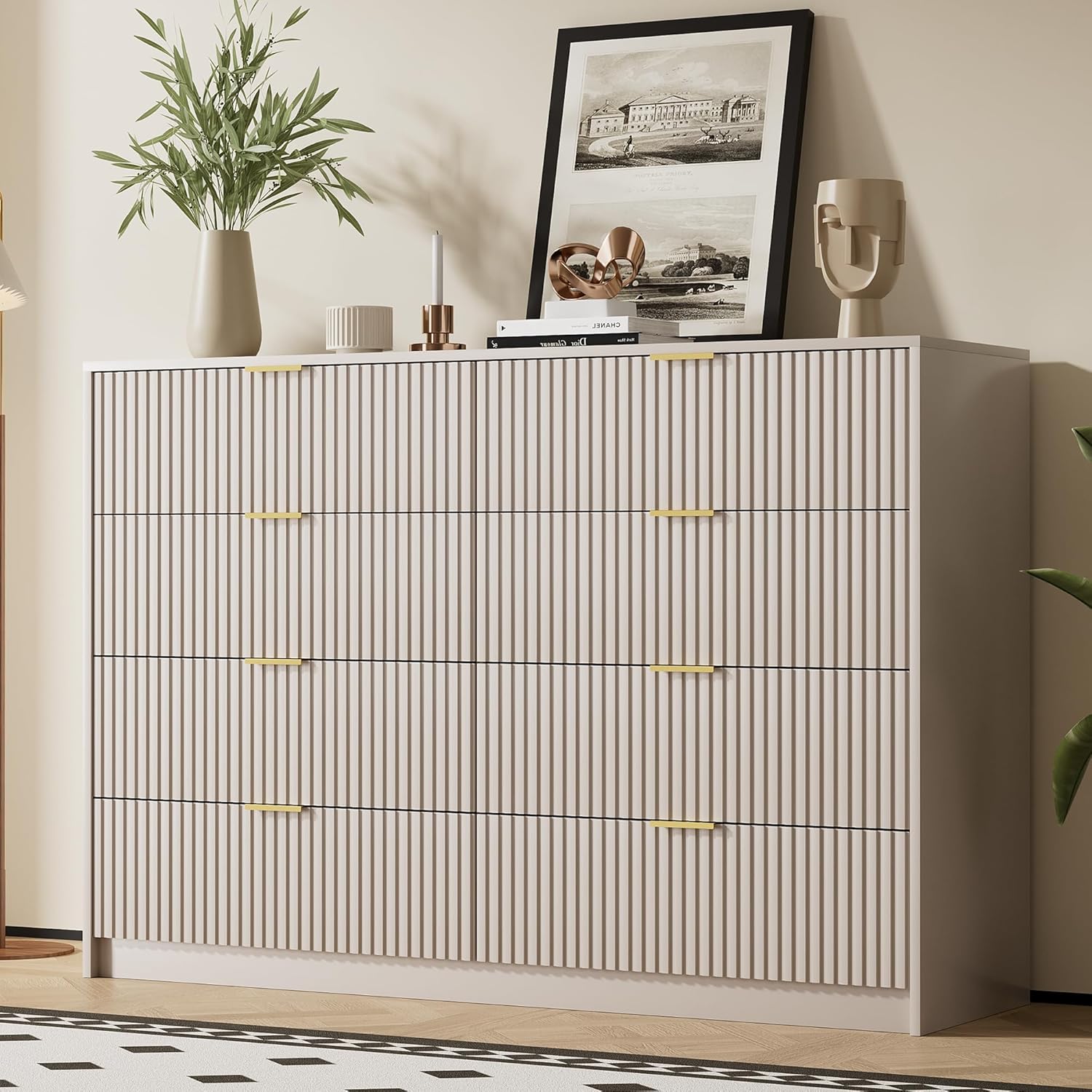 Beige Dresser for Bedroom, Modern Dresser with 8 Drawers and Smooth Slides, Wide Chest of Drawers with Golden Handles for Bedroom, Closet, 15.7" D x 55" W x 37.4" H