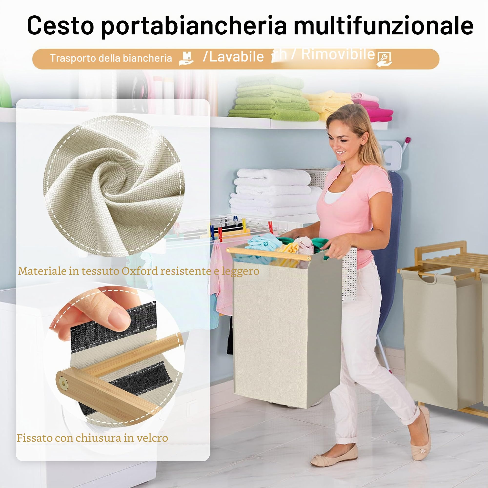 UISEBRT Cesto portabiancheria in bambù con 2 scomparti, 72 l, in tessuto Oxford, sistema di stendibiancheria rimovibile e lavabile, 73 x 64 x 33,5 cm, beige