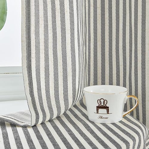 Miniatura 4 de Vangao Cortinas de lino a rayas negras de 96 pulgadas de largo, cortinas de granja con rayas filtrantes de luz impresas en cortinas beige para sala