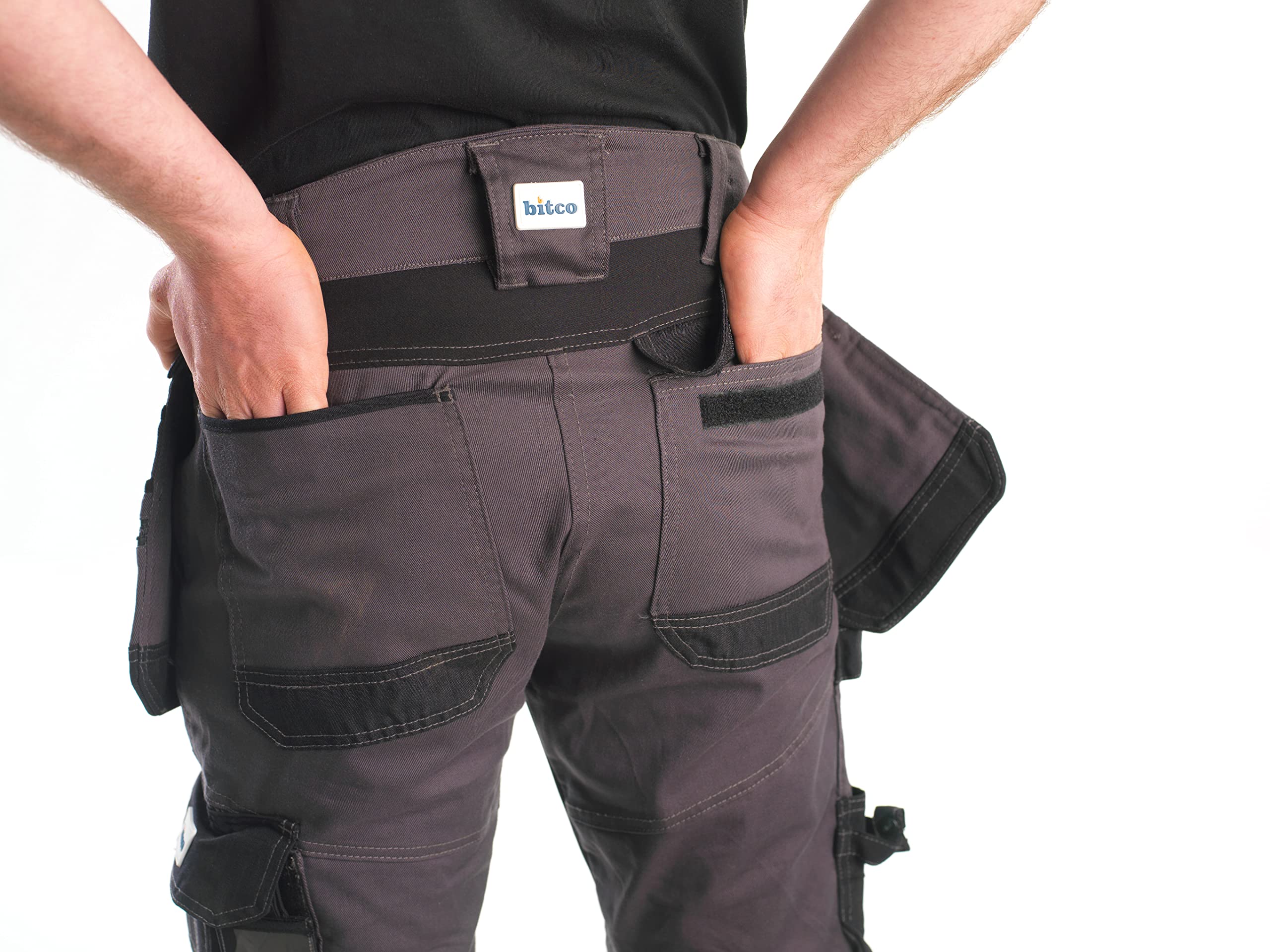 Bitco GARONE Pantalón de Trabajo Extensible para Rodilleras, Color Gris y Negro, Resistente al Agua y al Aceite, con Refuerzo de Cordura®, Bolsillos para Rodilleras, Bolsillos de Utilidad
