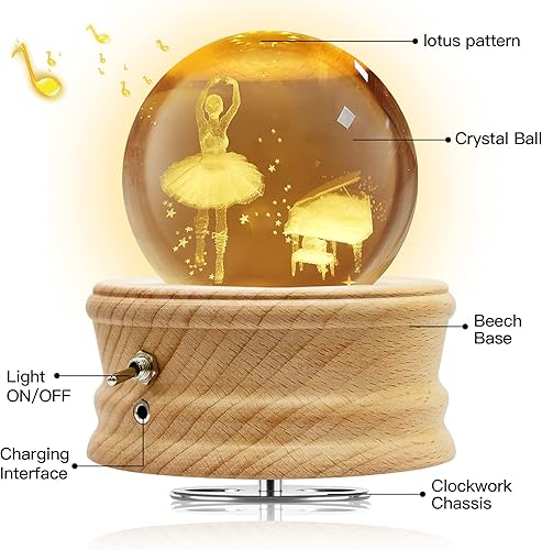 Miniatura 5 de Hwawhin Caja de música de bola de cristal 3D con luz LED de proyección y base de madera giratoria para Navidad, cumpleaños, día de San Valentín,