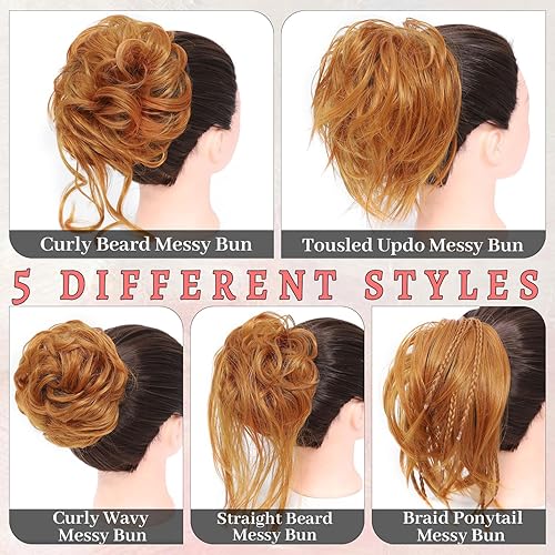 Miniatura 4 de 5 piezas de extensiones de cabello para moños desordenados con scrunchies y cola de caballo con banda elástica de goma para peinados recogidos, set