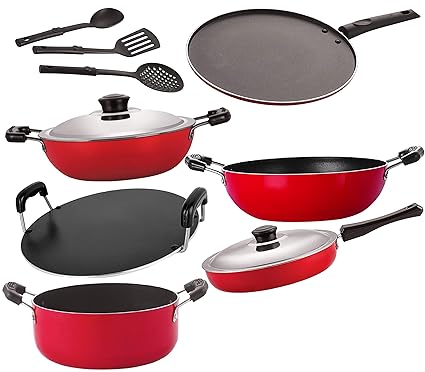 Nirlon Non-Stick Gas Compatible Aluminium Cookware Utensils Combo Gift Set Offer 9 Piece [26_FP13_KD14_DKDM_RT_Cass20_ST11_3SPN]