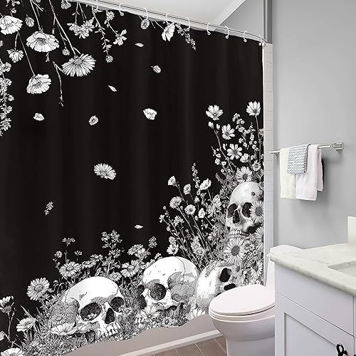 Miniatura 30 de Cortina de ducha con diseño de calavera negra y morado, de 60 pulgadas de ancho x 72 pulgadas de alto, esqueleto gótico gótico, polilla cruzada, C