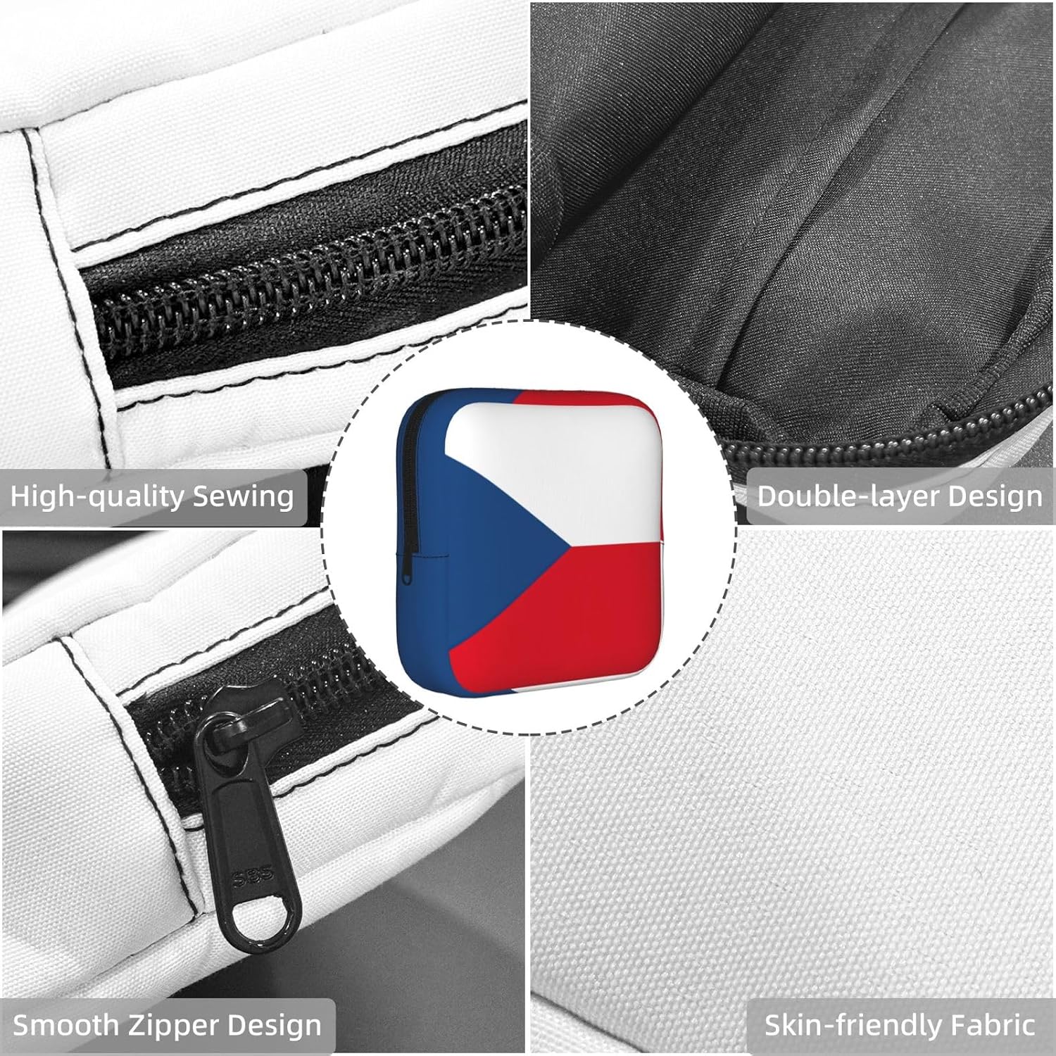 Flag Of The Czech Republic Print Women Period Bag Sanitary Pouch Portable Pad Pouch Tampon Holder Small Zipper Pouch Storage Bag