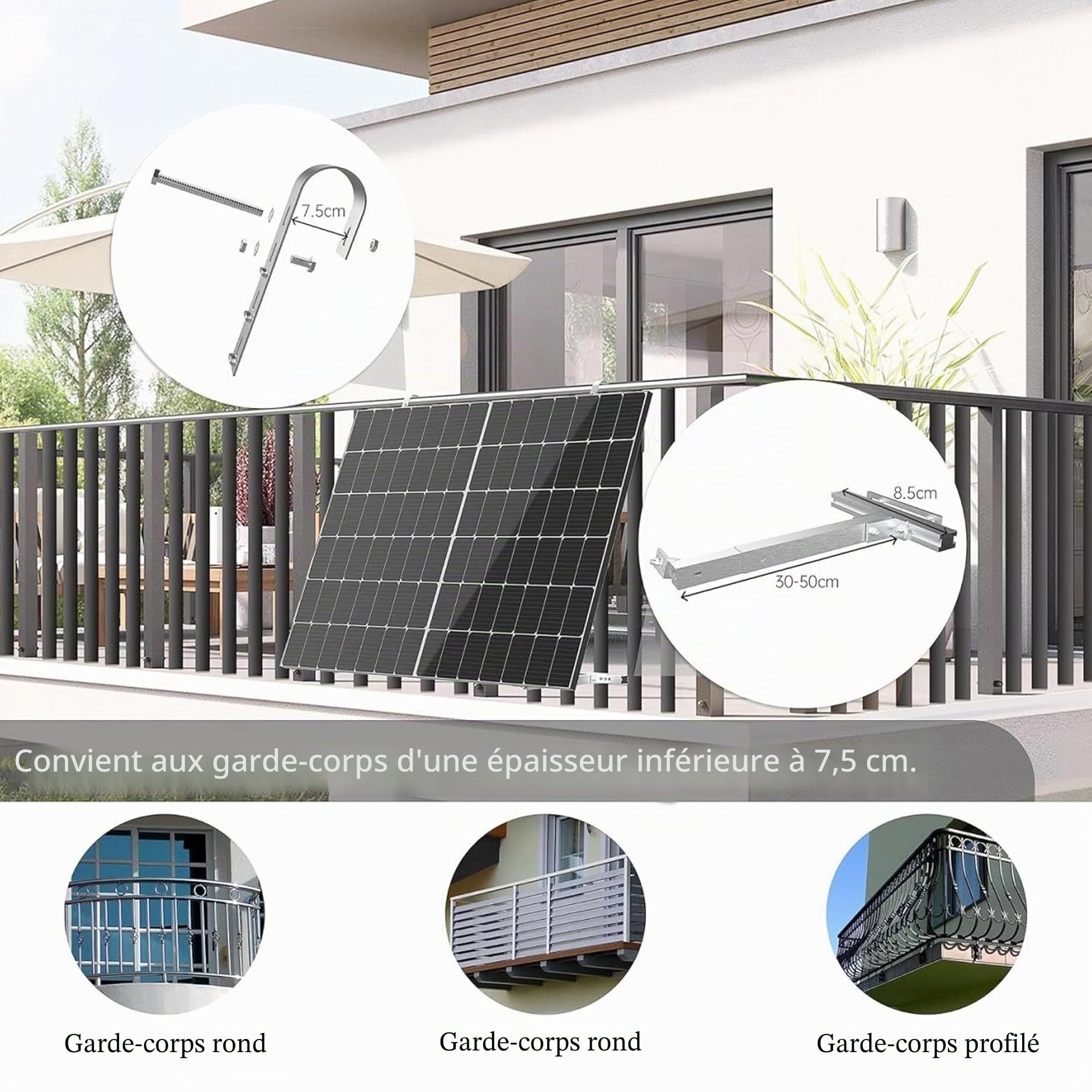 LEICKE Support de centrale de balcon pour tous les panneaux solaires I Support de panneau solaire en alliage d'aluminium robuste I Balustrade Balustrade Fixation de centrale de balcon Angle réglable 0