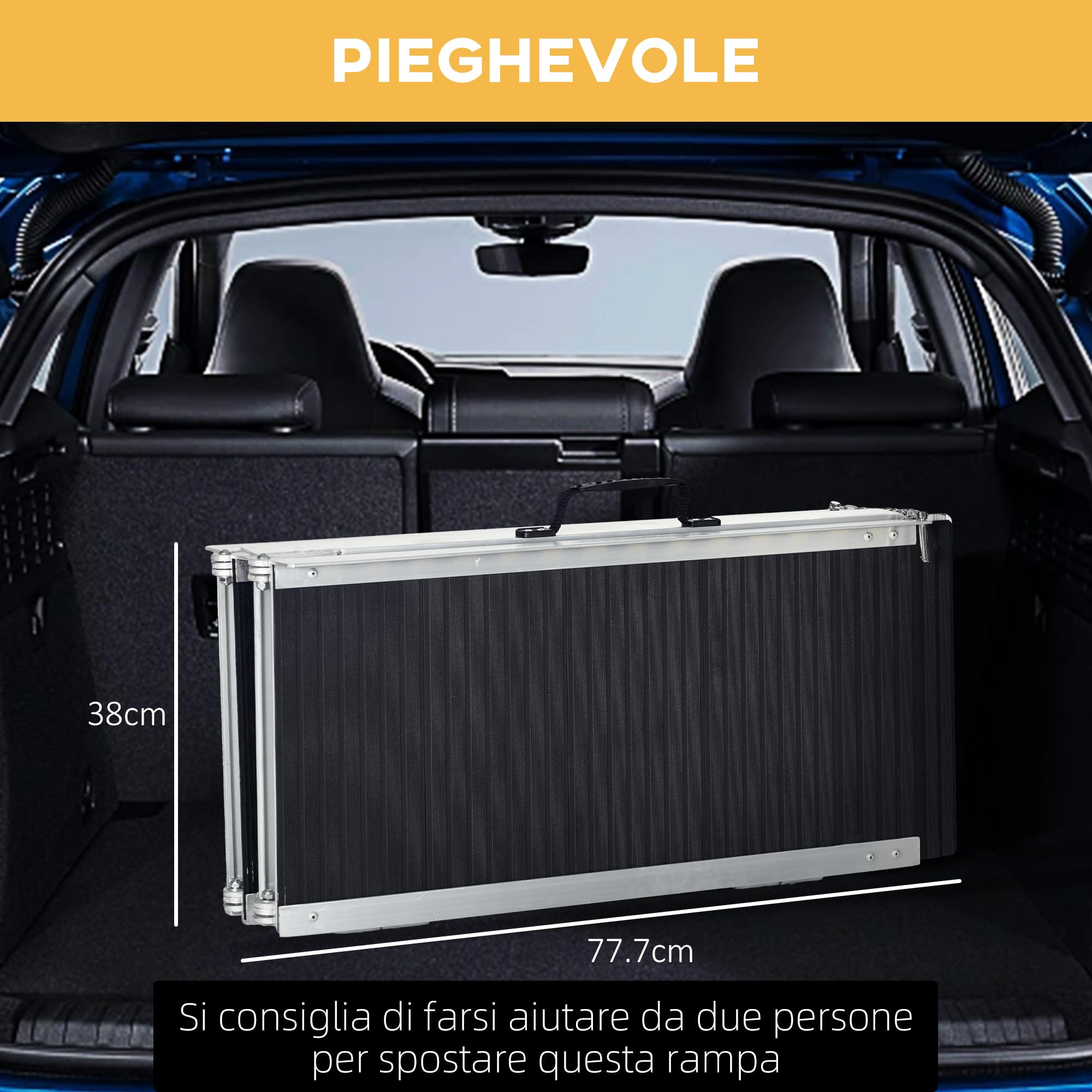 HOMCOM Rampa per Sedia a Rotelle Pieghevole in Lega di Alluminio, Rampa per Disabili con Deflettori e Adesivi, 152x73.6x5.1 cm, Nero