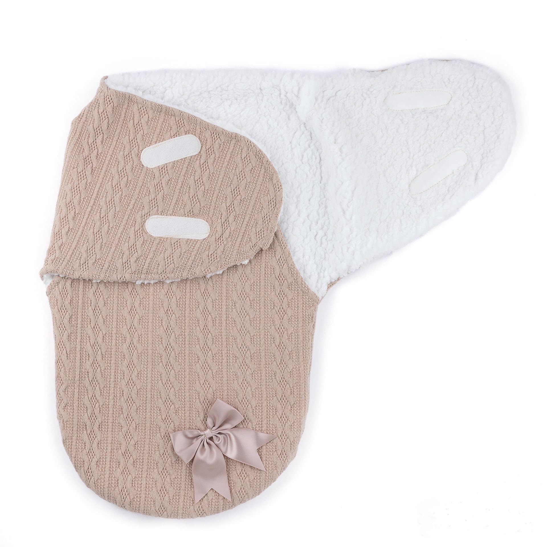 Soft Baby Swaddle Wrap Baby Blanket for Newborns – Warm Knitted Sleeping Bag with Fleece Lining & Bow – 0-3 Months, Stripe Closure – Pink, White, Beige, Dusty Pink, Dusty Blue (beige)