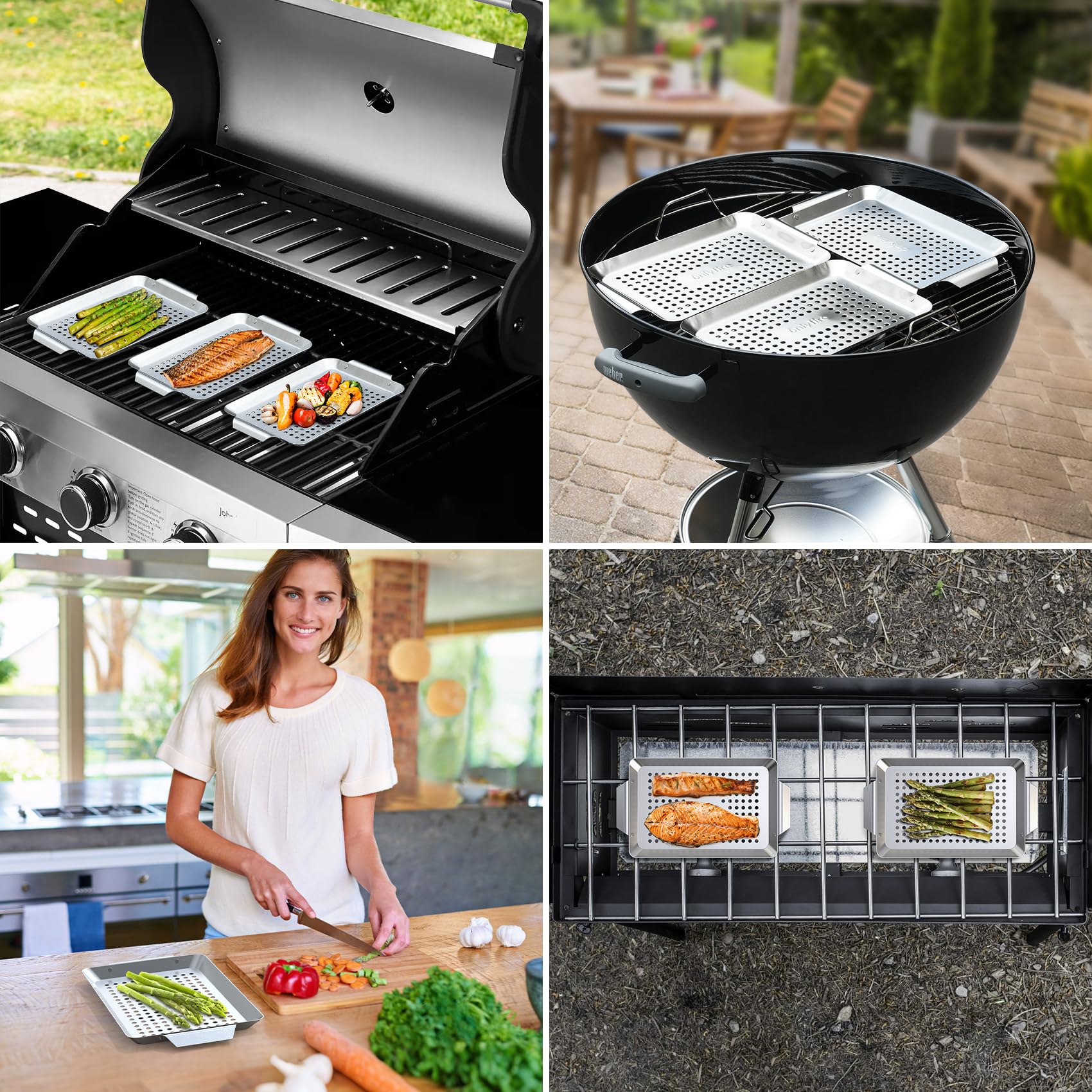 Onlyfire 3-pak prostokątnych koszy grillowych, kosze na warzywa ze stali nierdzewnej, mini zestaw koszy do grillowania, patelnia do grilla na świeżym powietrzu