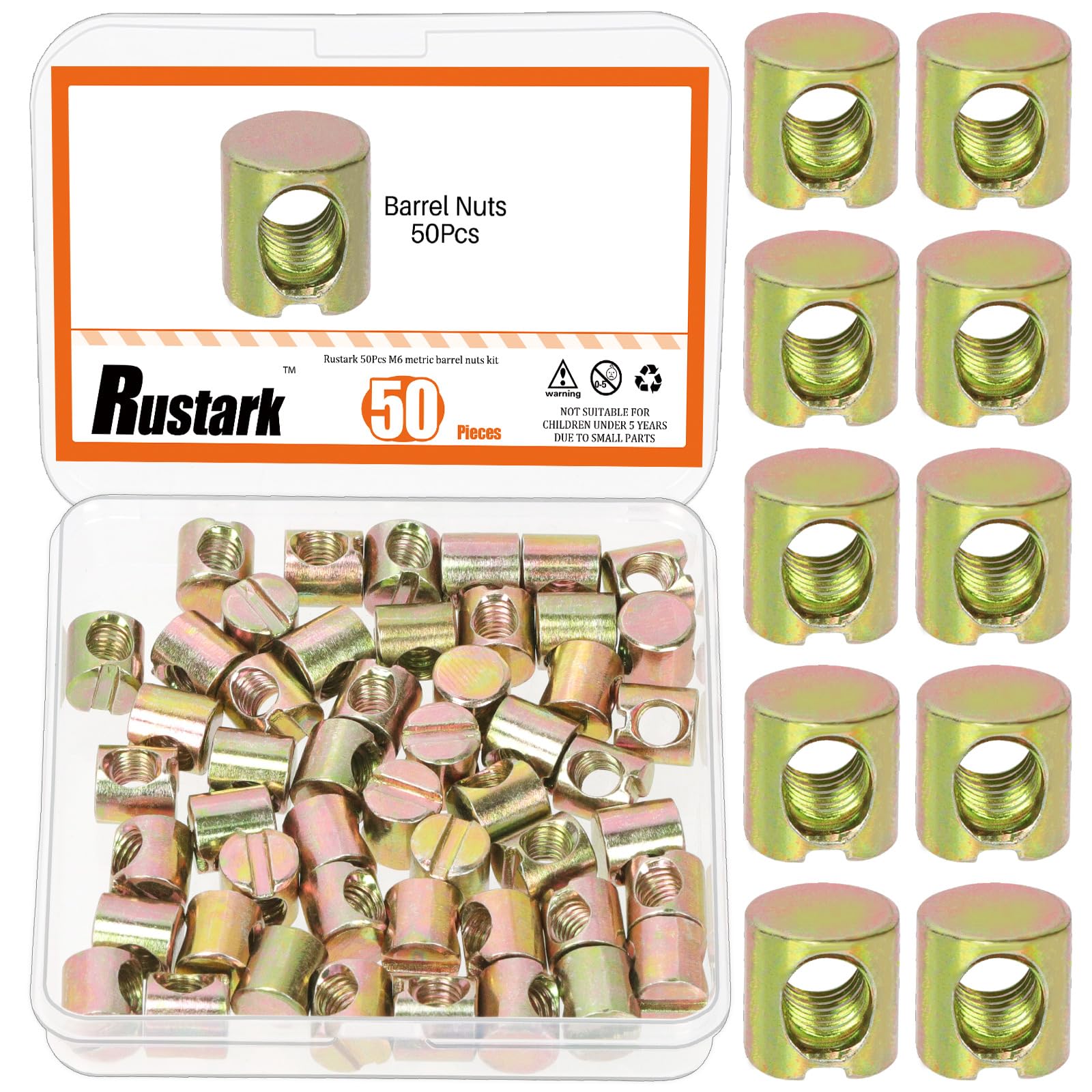 Rustark 50Pcs M6x10mm Yellow Zinc Barrel Nuts Assortment Kit Metric Cross Dowels Slotted Nut Furniture Nuts Cross Dowel Hammer Nut for Wood Furniture Beds Crib Chairs