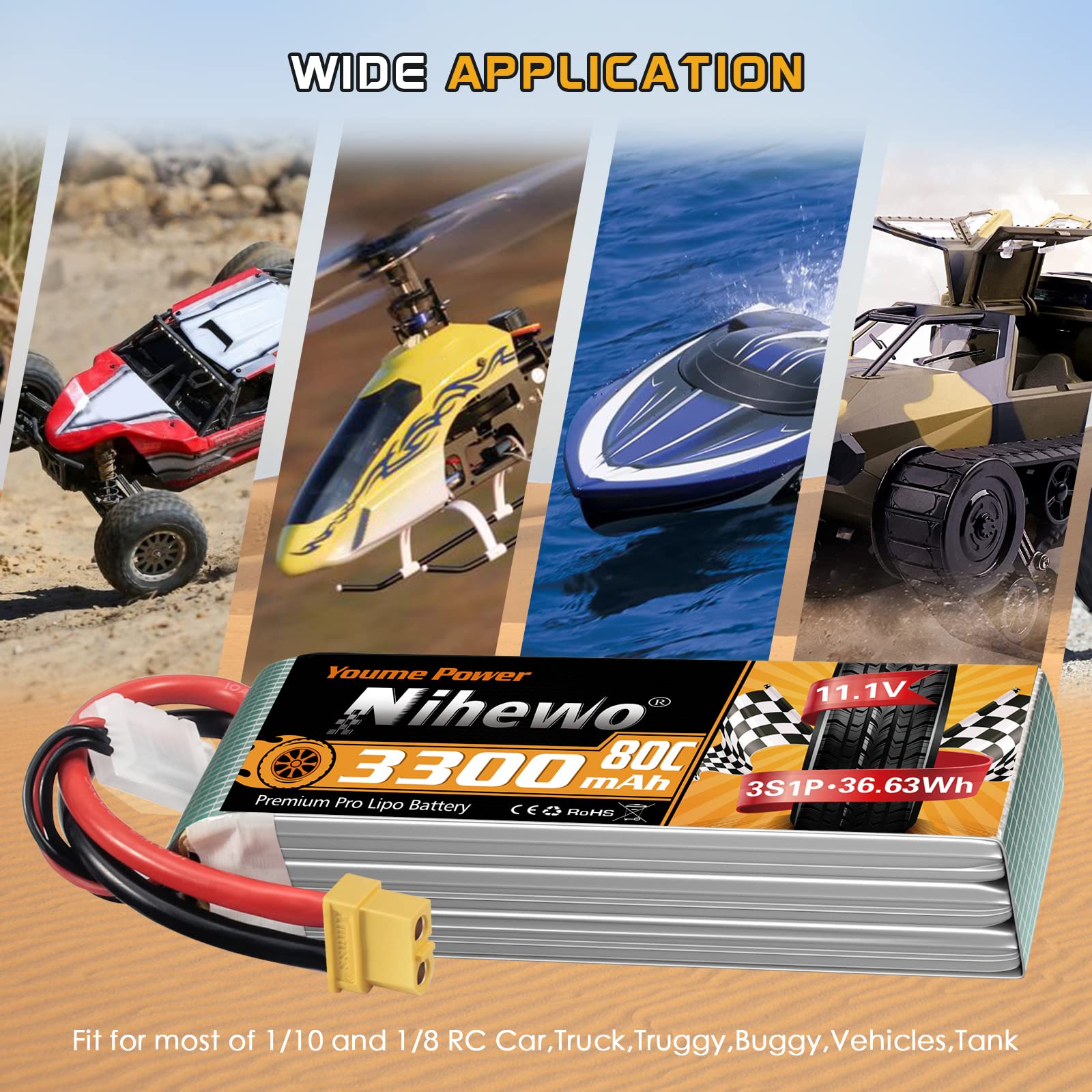 Nihewo 2Packs 11.1V Lipo Battery, 3S Lipo Battery 3300mAh 80C XT60 Connector Compatible with Axial E-flite RC Airplane Helicopter Quadcopter Car Truck Vehicle Boat Models