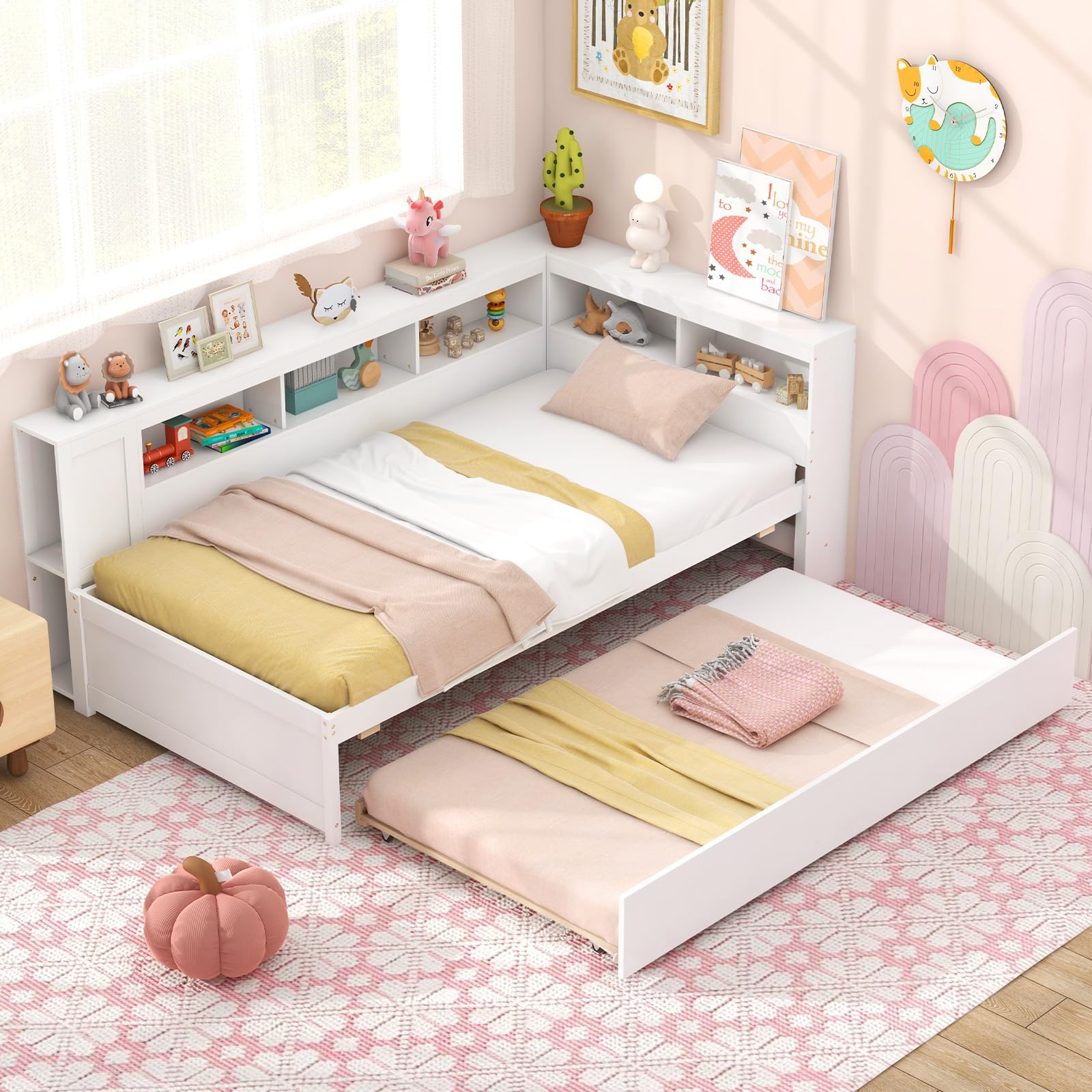GIANTEX Twin Daybed with Trundle, Wood Twin Bed Frames with Storage Headboard, Reversible Bookcase, Bedside Shelves & Wooden Slats, L-Shape Corner Day Bed, Trundle Bed Twin for Kids Boys Girls, White