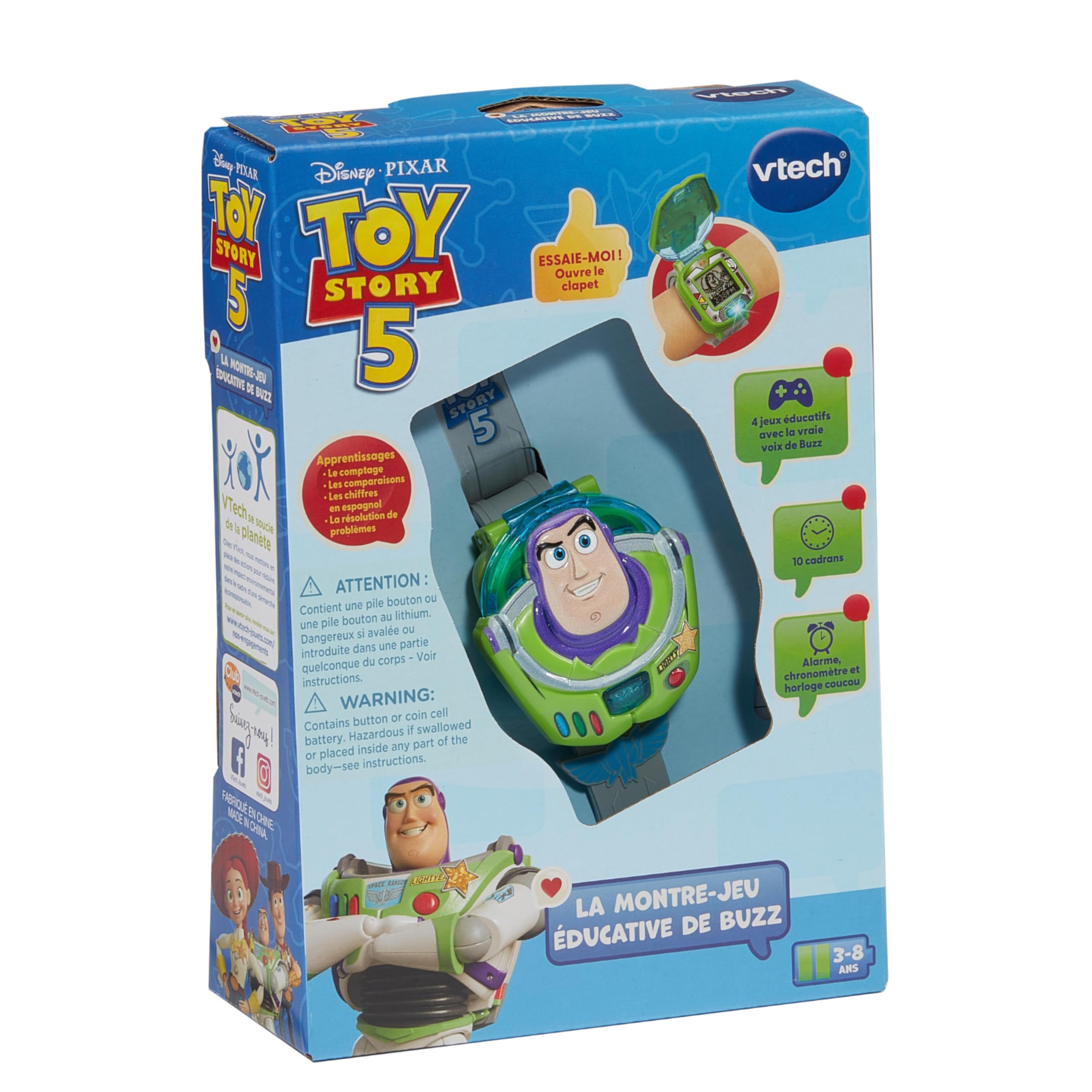 VTech - Toy Story 5, L'Orologio da Gioco educativo di Buzz - Orologio Toy Story con Schermo Animato, Cinturino Regolabile, 10 quadranti, 4 Giochi - Buzz la Luce parlante - Regalo per Bambini dai 3